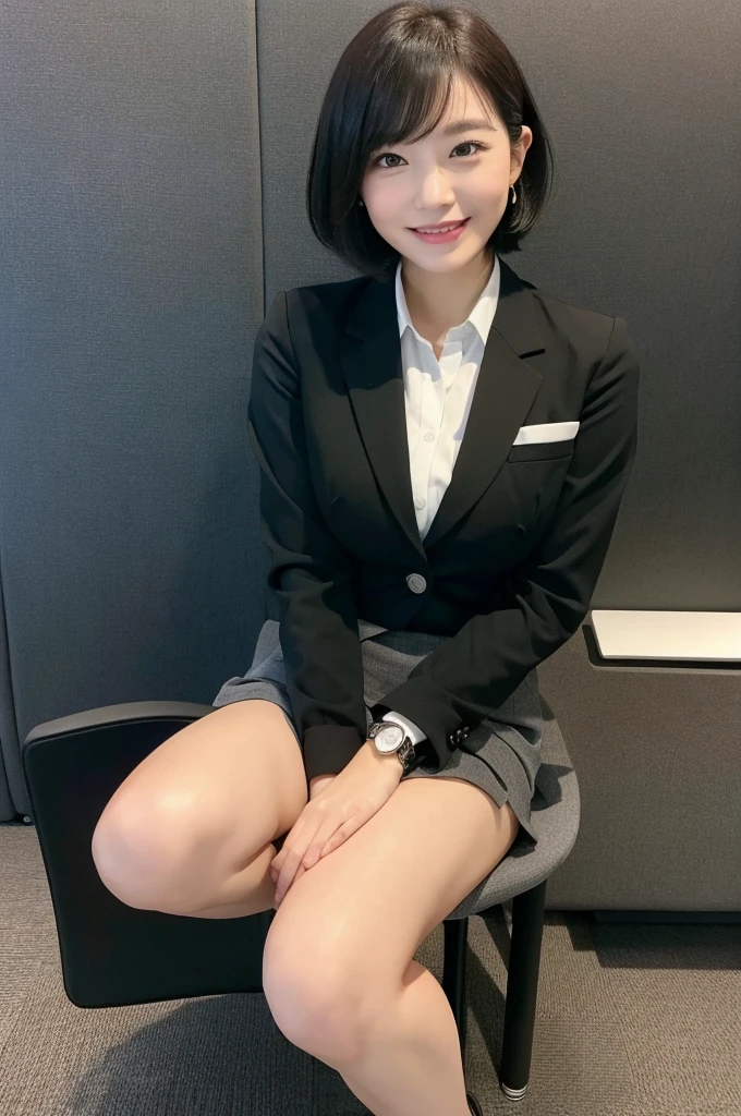 of the highest quality, Photorealistic, 8K, High Definition, 1 girl, Female, (1.8), Office, Office Lady, Blazer, uniform, Pubic hair visible, , Skirt boldly pulled up, ((Sit on a chair、Keep your legs wide open)), Bend your knees and open your legs, slightly shorter hairstyle, Grab your knees with your hands to open your legs, Buttoned shirt flutters, no-bra, office backdrop