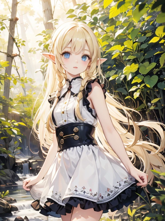 masterpiece, highest quality, Very detailed, 16k, Ultra-high resolution、Cowboy Shot, 1 Elf girl, Detailed face、Perfect Fingers, Elf Ears, Small breasts, blue eyes, Hanging eyes, Blonde, Braid, Sleeveless, Light clothing, in the forest, During a walk