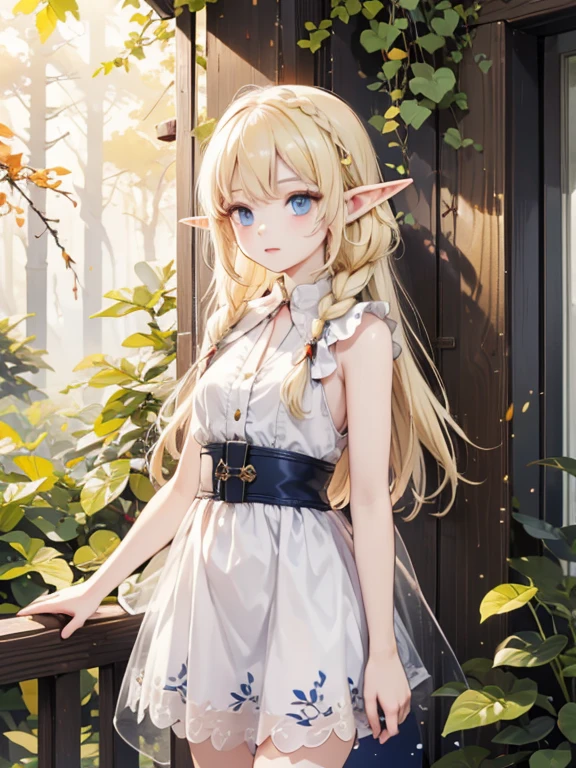 masterpiece, highest quality, Very detailed, 16k, Ultra-high resolution、Cowboy Shot, 1 Elf girl, Detailed face、Perfect Fingers, Elf Ears, Small breasts, blue eyes, Hanging eyes, Blonde, Braid, Sleeveless, Light clothing, in the forest, During a walk