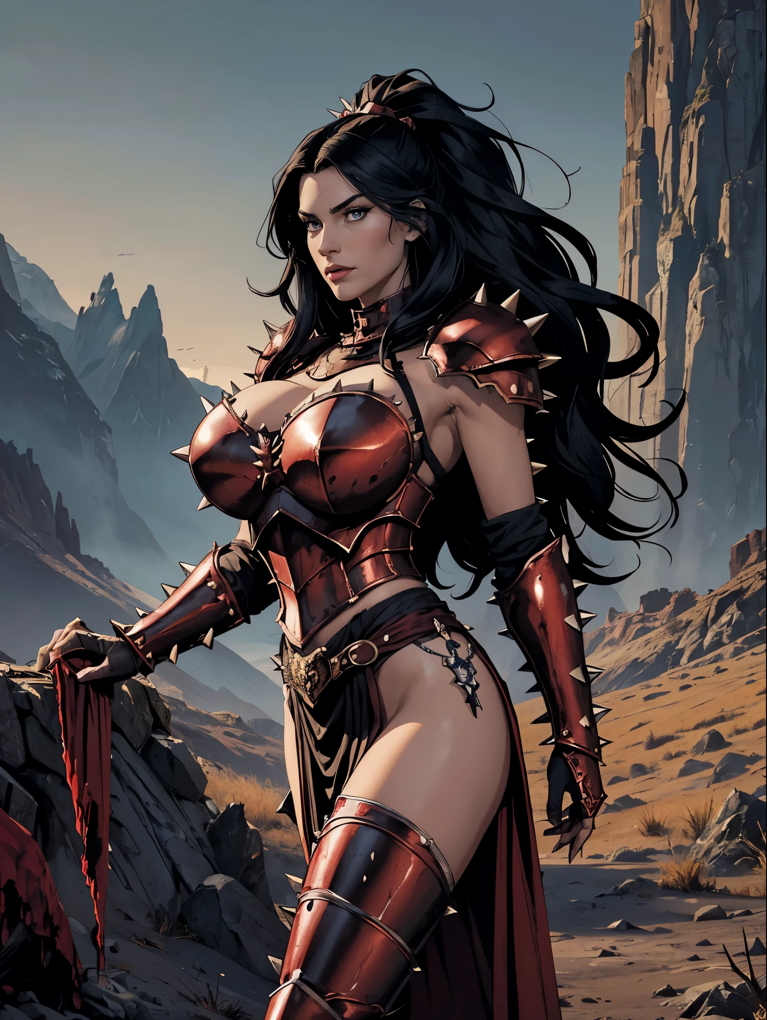 (masterpiece, top quality, best quality, official art, beautiful and aesthetic:1.2), (1girl:1.3), ((Sharp facial features, sharp features, hawkish features)), ((big hair, long black hair)), big tiddy chaos warrior girl, extremely detailed, portrait, looking at viewer, solo, (full body:0.6), detailed background, full-body shot, (hot desert mountain theme:1.1), chaos warrior, (spiky helmet), charlatan, smirk, mysterious, swaying in mountains, armor, red metal, brass trim, long boots, dual axes, blood red fabric, pelvic curtain, loincloth, black leather, ((((spiky armor, blood, armored, gigantic breasts, long legs, pelvic curtain)))), cute belly button, toned tummy, slim waist, slim hips, long legs, medieval (mountain exterior:1.1) background, dark mysterious lighting, shadows, magical atmosphere, dutch angle