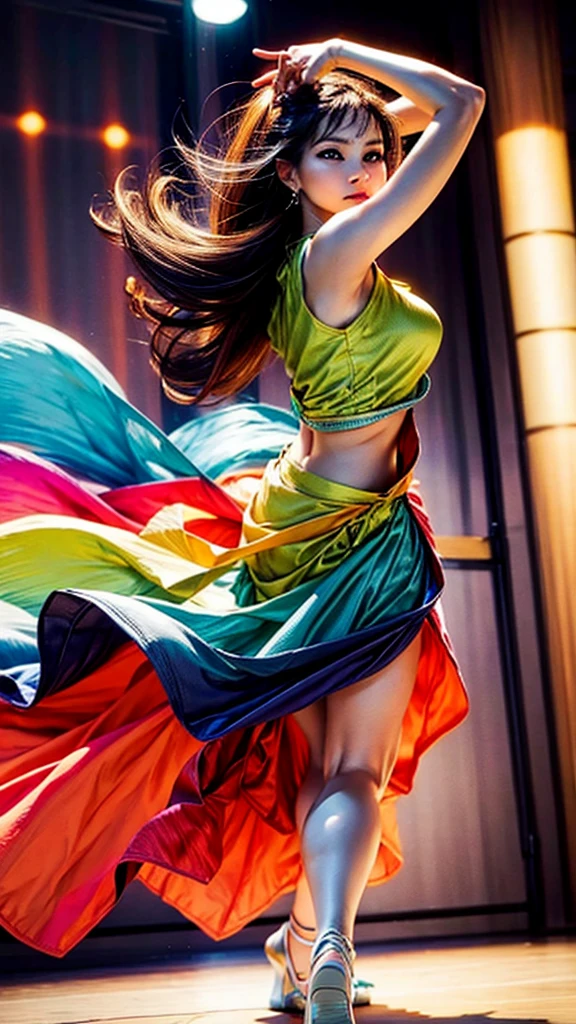 beautiful detailed eyes, flowing skirt, graceful dance, vibrant colors, dynamic poses, energetic atmosphere, professional photography, abstract art, studio lighting, soft and warm colors