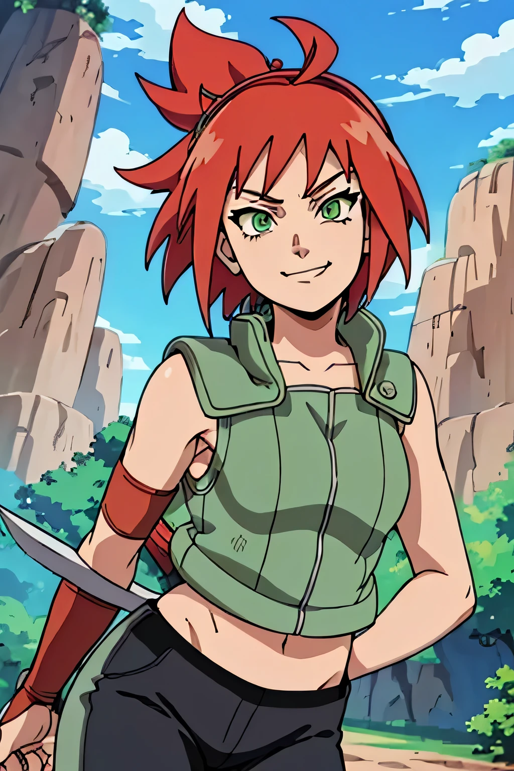 masterpiece, best quality, green vest, white shirt, black pants, cowboy shot, large breasts, looking at viewer, holding kunai, holding, staff, smile, forest, sky, clouds dynamic pose, smug smile, smug look, red hair, green eyes, nornal hands, normal eyes, defined curves, self-assured, Konoha leaf headband on left arm, Leaf village headband, Konoha headband, leaf village vest, blood red hair, short hair, pixie hair