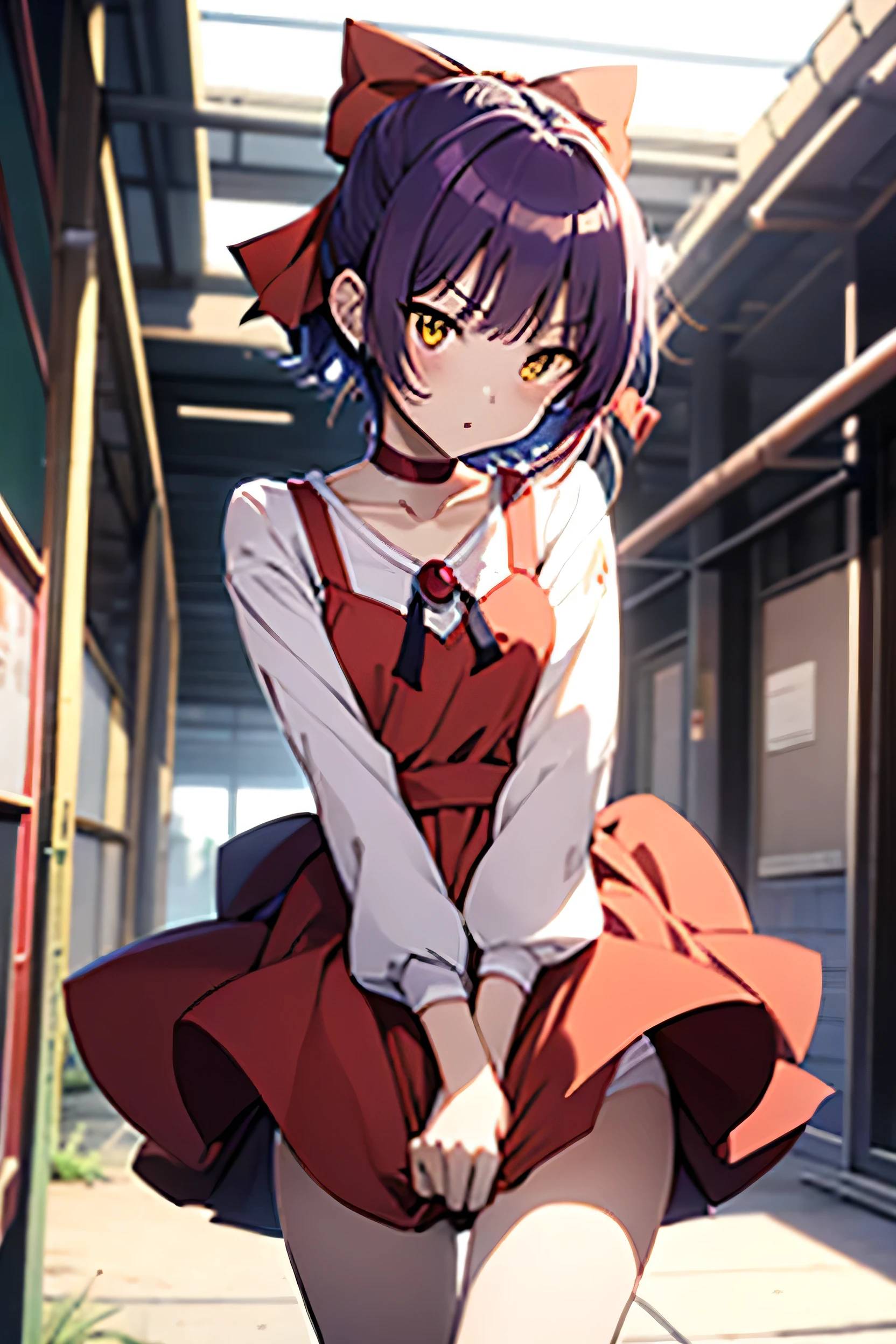 nmm1, nekomusume, nekomusume \(gegege no kitarou 6\), One girl, Purple Hair, Yellow Eyes, alone, Red dress, Red choker, Hair Bow, Pointed Ears, short hair, White shirt, Long sleeve, Red Bow, bangs, clavicle, brooch, jewelry, Skirt Hold, White panties,