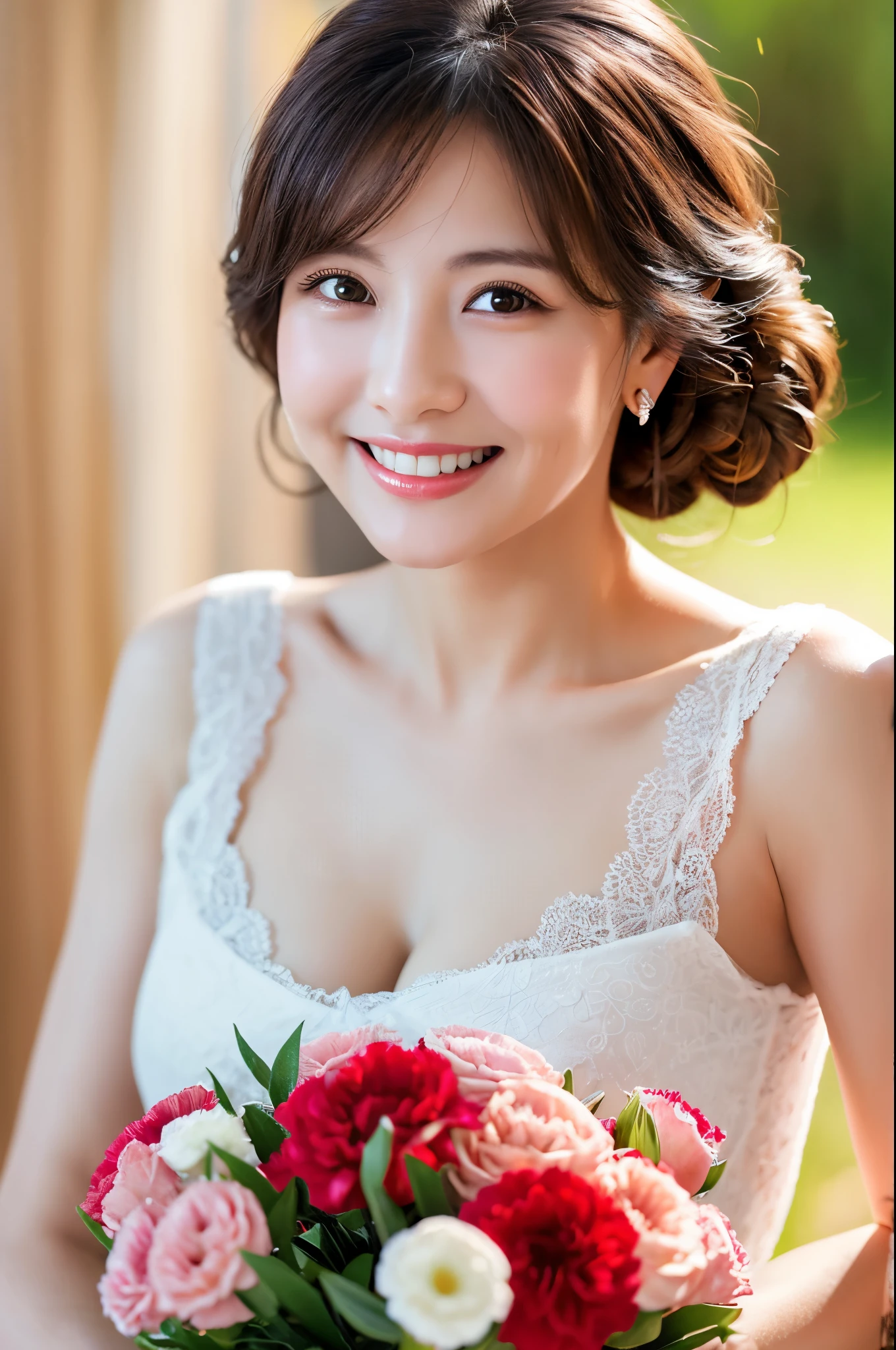 Very beautiful woman 50 years old、Smiling Kindly、Cleavage、Mother’s Day、Bouquet of carnations、Natural light、Accurate、Anatomically correct、Textured skin、Super Detail、 Attention to detail、highest quality、High resolution、Real、realism、Raw photo、Genuine、masterpiece
