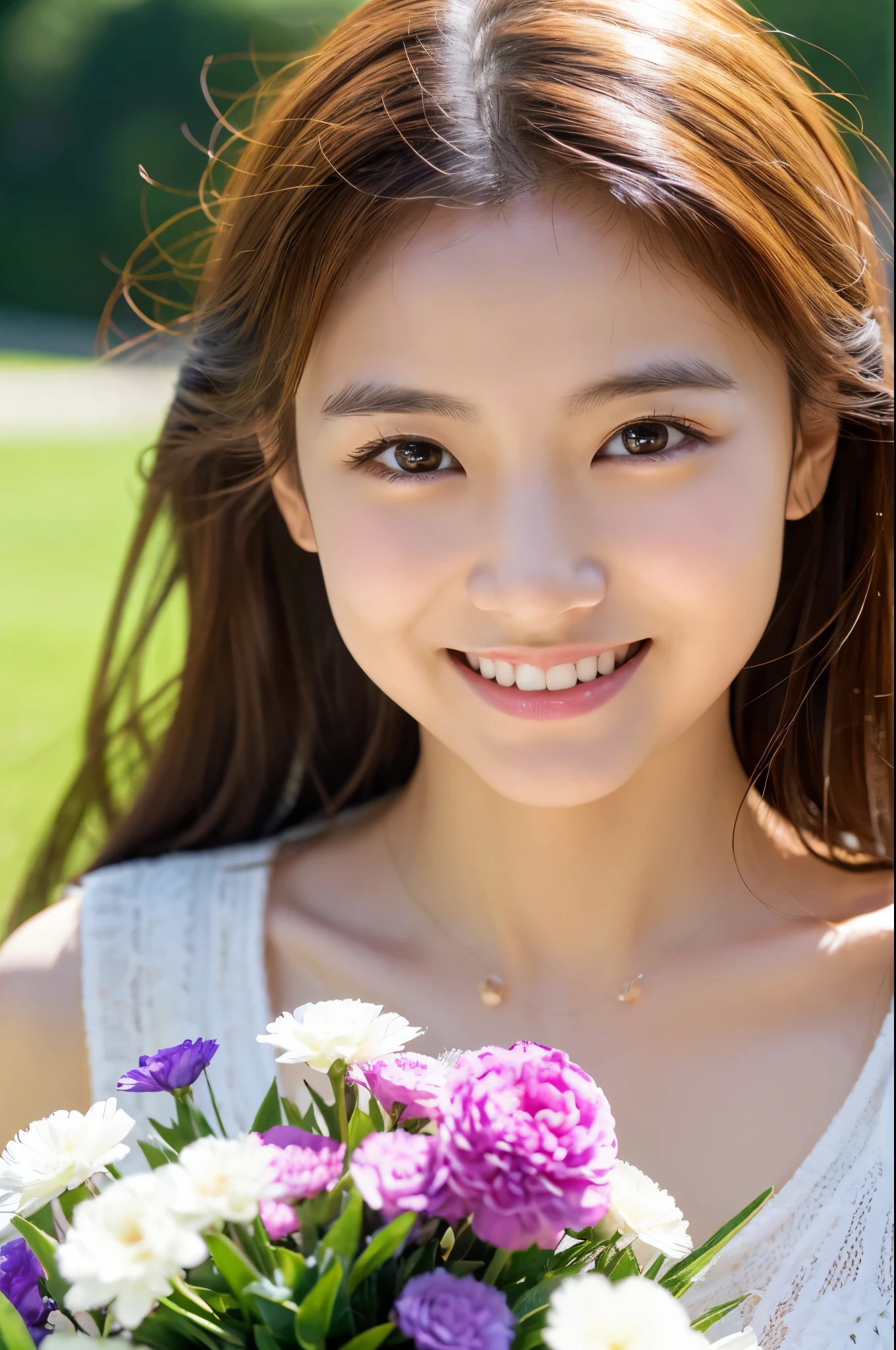 若い頃はアイドルのようにvery cuteかった50歳の女性,very cute、Smiling Kindly、Cleavage、Mother’s Day、Bouquet of carnations、Natural light、Accurate、Anatomically correct、Textured skin、Super Detail、 Attention to detail、highest quality、High resolution、Real、realism、Raw photo、Genuine、masterpiece