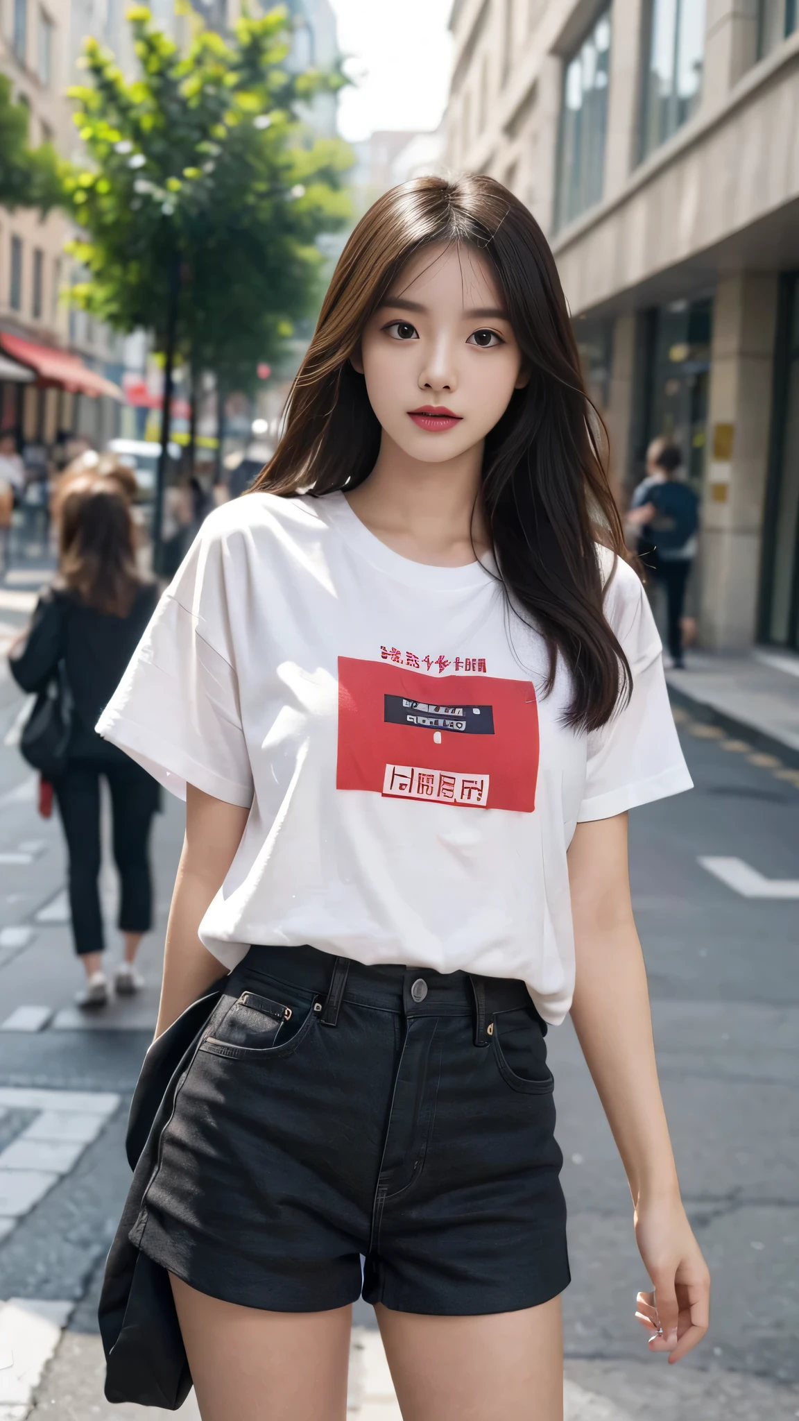 A perfect young female,Chinese in over size t-shirt and shorts , fashion model, CG rendering, Blurred background, deep shadow, 16K, bokered, Very detailed, wallpaper, depth of field, movie light, Ray tracing.