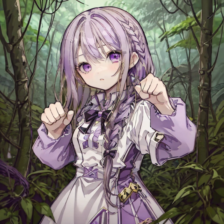 1 girl,Blonde,Long Hair,Braid,Purple Hair,Like a doll,cute,Fighting Pose,Clench your fist,Adventurer,in the forest