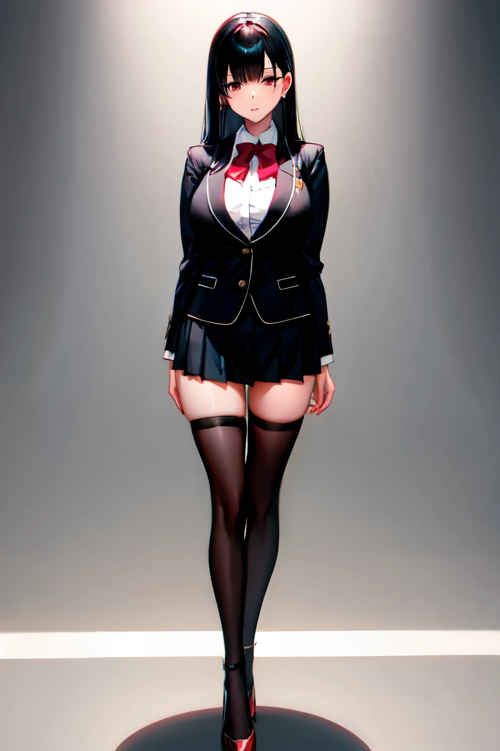 ultra-detailed, Explicit, Beautiful body, Beautiful Nose, Beautiful character design, perfect eyes, perfect face, ultra highres, 4K, beautiful legs, perfect legs, Nice hands, Perfect hand, Masterpiece, Best Quality, Highly detailed, illustration, absurdres, girls, multiple girls, expressionless, blank eyes, looking at viewer, emotionless, black latex, corrution, mind control, female combatant, full body, hypnotized, unhappy trance, full body suit, ribbed bodysuit, both arms at side, stand up straight, obey, perfect female body, extremely glossy latex, hypnosis, hypnoLora, empty eyes, Mind control device, poses, brainwashed, submissive_pose, Slave, hat, necktie, stand up straight, standing, standing at attention, nazi saluting, military, military saluting, salute, right hand saluting, left hand at side, latex, wide hip, thicc, a curvy body, garter belt, black thighhighs, frilled sleeves, stakes of purgatory, leotard, frilled sleeves, red jacket, back bow, black bow, blue reflection, kasuga shiho, black hair, long hair, blue eyes