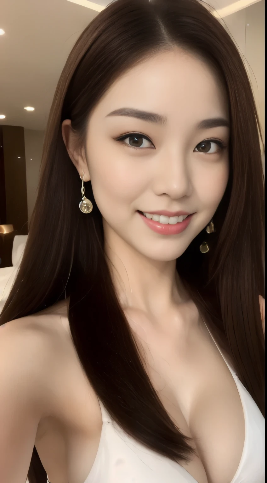 ((highest quality, 8k, masterpiece :1.3)), One Girl, ,((A very attractive smile:1.1)),, Red lipstick:1.2,Slim face, Beautiful woman, Big Breasts:1.3, Saggy breasts,Very detailed face, double eyelid, night, night scene, Skyscraper, Hotel,On the bed,,Looking into the camera,good,White Bikini,(masterpiece: 1.3), (Maximum resolution: 1.4), (Ultra-high resolution: 1.2), Cinematic Light, Ultra-high resolution, (Detailed eyes and skin), (Features of Detailed face), 8k resolution, Perfect Style, Beautiful expression、Very detailed face and skin texture、Detailed face,Thin cheeks,((Pure white skin:1.1)),Glossy Lips:1.2,((Full Body Shot:1.2)),(Straight Hairstyles、Light brown hair),One length,175cm,From above
