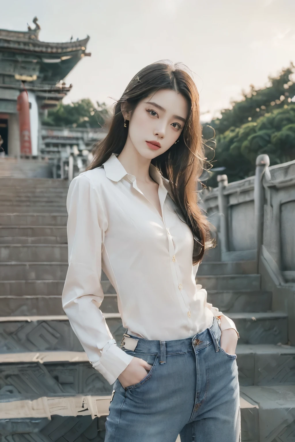 ((((8k))),((Extremely detailed CG)) ,(wallpaper),16K,((Extremely exquisite and beautiful)),(((masterpiece))),(((Best quality))),(((超high resolution))),beautiful lights,Perfect Lightning,Realistic shadows,[high resolution],(Smooth and flawless fair skin:1.5),(Pale skin:1.3),(Extremely delicate facial details:1.2),(Perfect body:1.2),Super detailed,((A beautiful girl,Solitary)),(Small head:1.2),(Shoulder-length straight hair:1),(Small face:1.2),(Exquisite makeup:1.2),((Slim,Thin)),(Happy:1.2),(lol:1.2),(Small Breasts:1.2),(flat chest:1.2),(sleeve:1.2),(Collared shirt:1.5),(Low-rise jeans:1.5),(Big buttocks:1.5),(Day scene:1.5),(outdoor:1.2),(On the steps of a majestic East Asian temple:1.5),(cloudy:1.2),(Detailed background:1.5),(permanent:1.3),(Upper Body:1.3),(From the front:1.3),(cigarette:1.3),(spring:1.2),