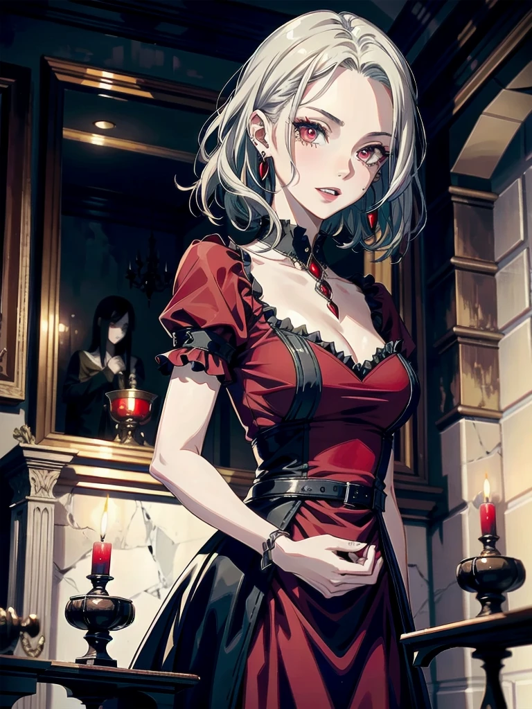 whole body, Gothic red dress, (vampire teeth), (castle), absurdres, RAW photo, extremely delicate and beautiful, masterpiece, Best Quality, ultra high resolution, 32k, hyperrealistic, ultra-detailed, detailed description, pale skin, 20 years old, detailed beautiful face and eyes, tearful mole, earring, Colossal tits, short medium hair, wavy hair,　