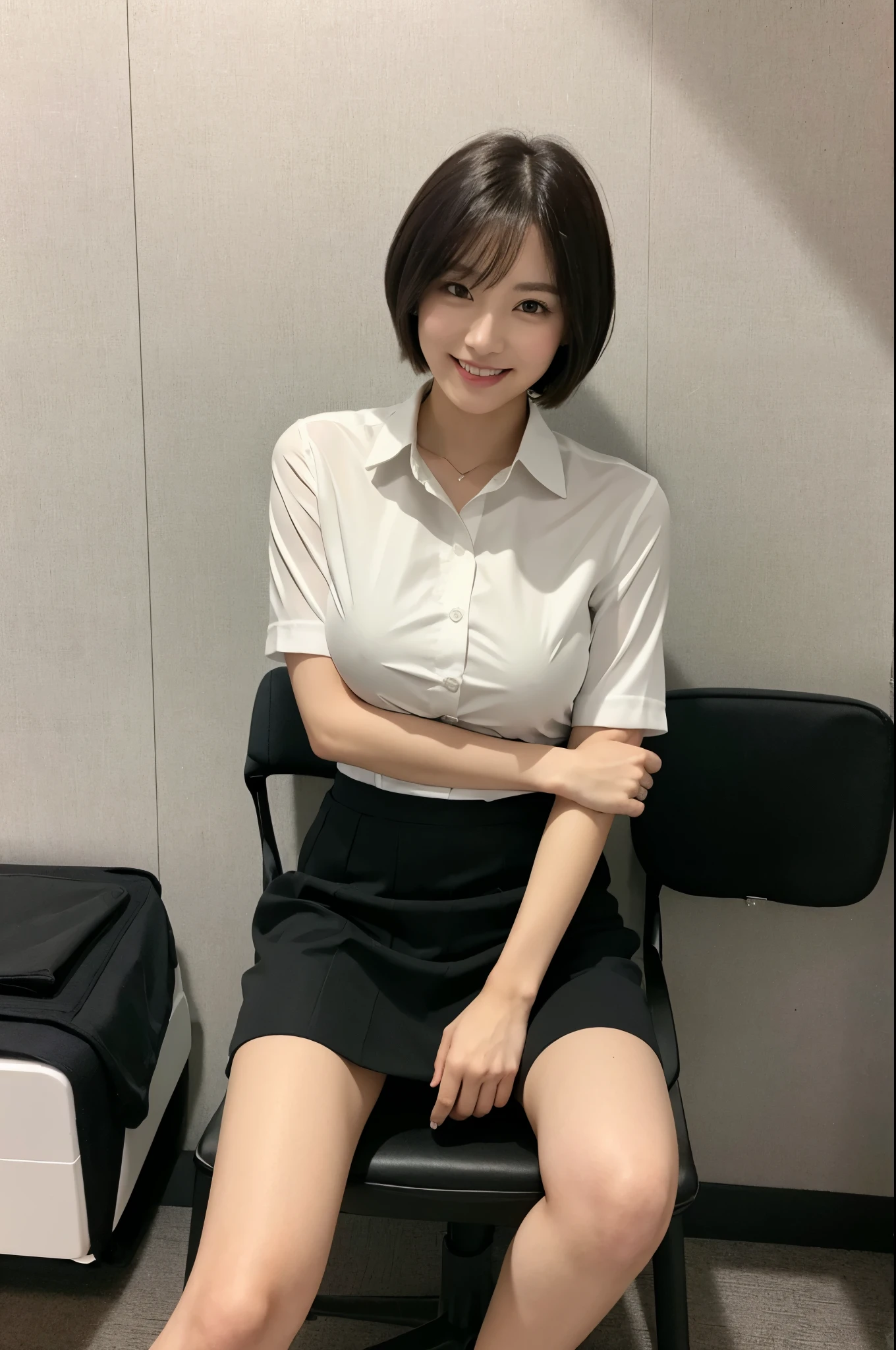 (Natural background), masterpiece, highest quality, shape, Very detailed, finely, High resolution, 8k wallpaper, 完璧なダイナミックな構shape, finelyて美しい目, Big Breasts, Natural color lip, Random pose, smile, ((office)), Beautiful woman, short hair、Full Body Shot, ((working office uniform)), (dark), Thinking Ahead, Sit on a chair