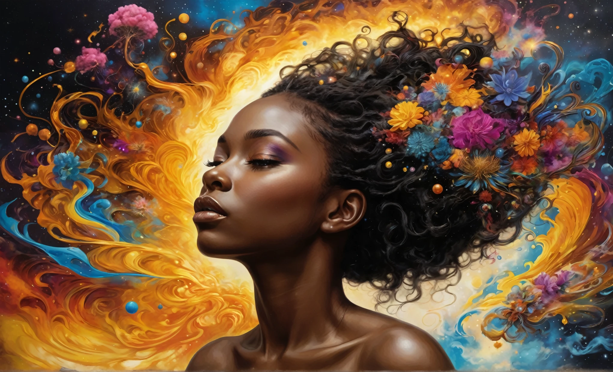 inconceivable and spectacular a scene of emergence of a figure from the glowing cloud, fractal nebula threads, cosmic entities, celestial, cosmic, vibrant and vivid, swirls, twirling, unrealistic, high contrast, symobolism, magical, mystical, mystifying, hyperrealistic, oversaturate, colorfully,black girl, native africa,Weakened by my soulful cries,Shoulders falling down,haughtiness,sassiness,beset with gloom,girl cried,Bowed head and lowered eyes,pretty face,ruined building with graffiti, in front of graffiti wall, in an urban setting,city after nuclear war,Wangechi Mutu,Ben Templesmith,Nicola Samori,Lisa Frank,islands levitating above ground