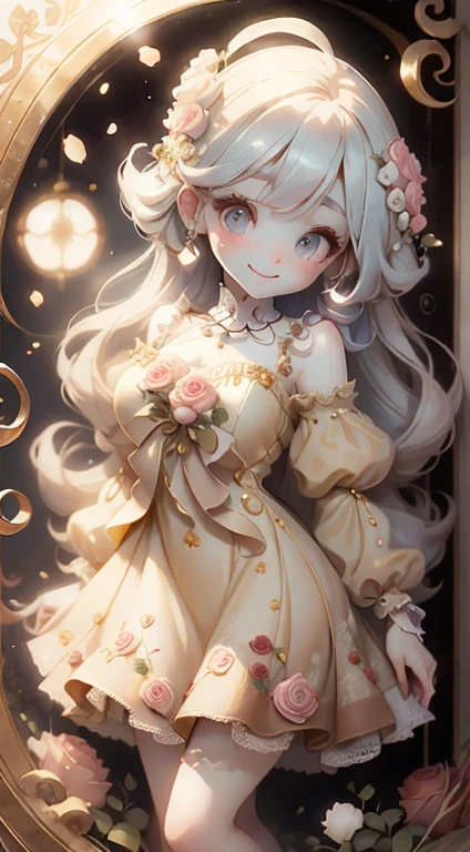 In front of the palace、Pastel Yellow Dress、Large, clear eyes、high resolution、Ultra delicate、Looking this way and smiling、Beautiful face、Super Beauty、Slender body、Surrounded by roses、Luxury dress、High-grade fabrics、Surrounded by roses、In the sunshine