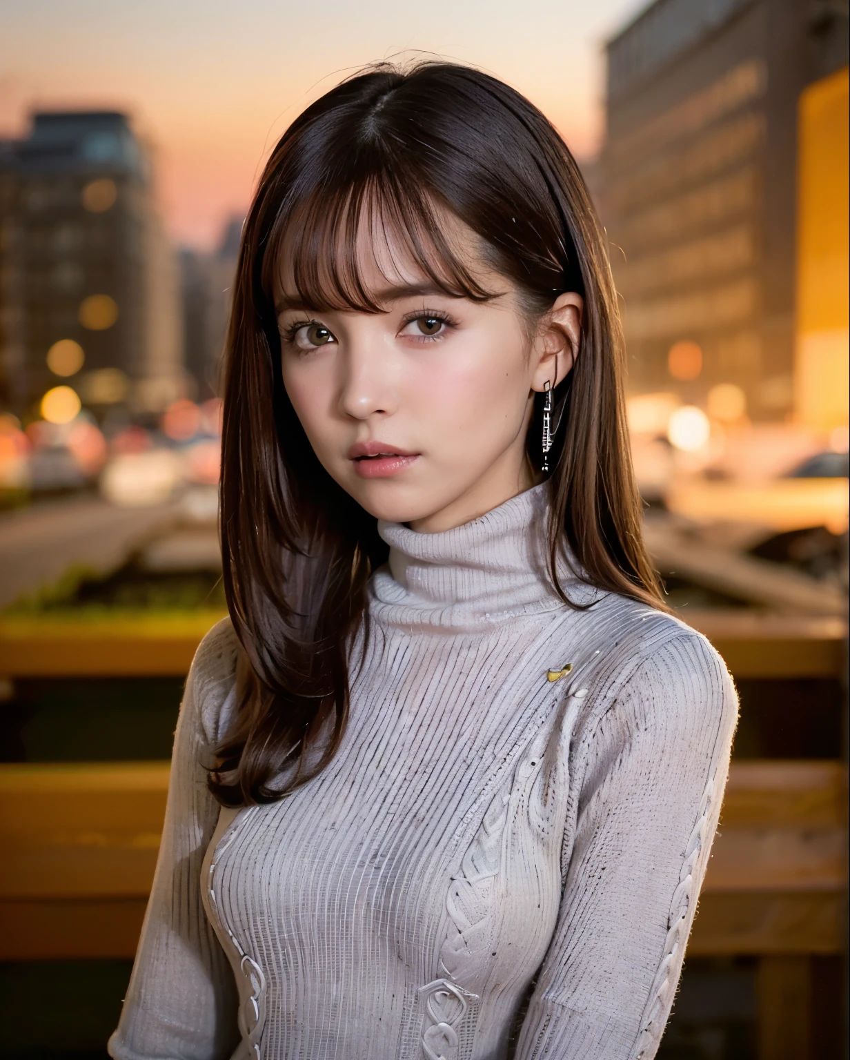best quality, lifelike, 8k, high resolution, 1 girl, miss, (Toothed skin), (portrait:0.6), ((Cityscape background:1.52)), Rich colors, ((Small round breasts, turtleneck sweater:1.5)), looking directly at the viewer:1.8, (1 girl eyes looking at viewer:1.45, Medium Length Hair, Black Hair, pad bangs:1.45), (Bokeh),