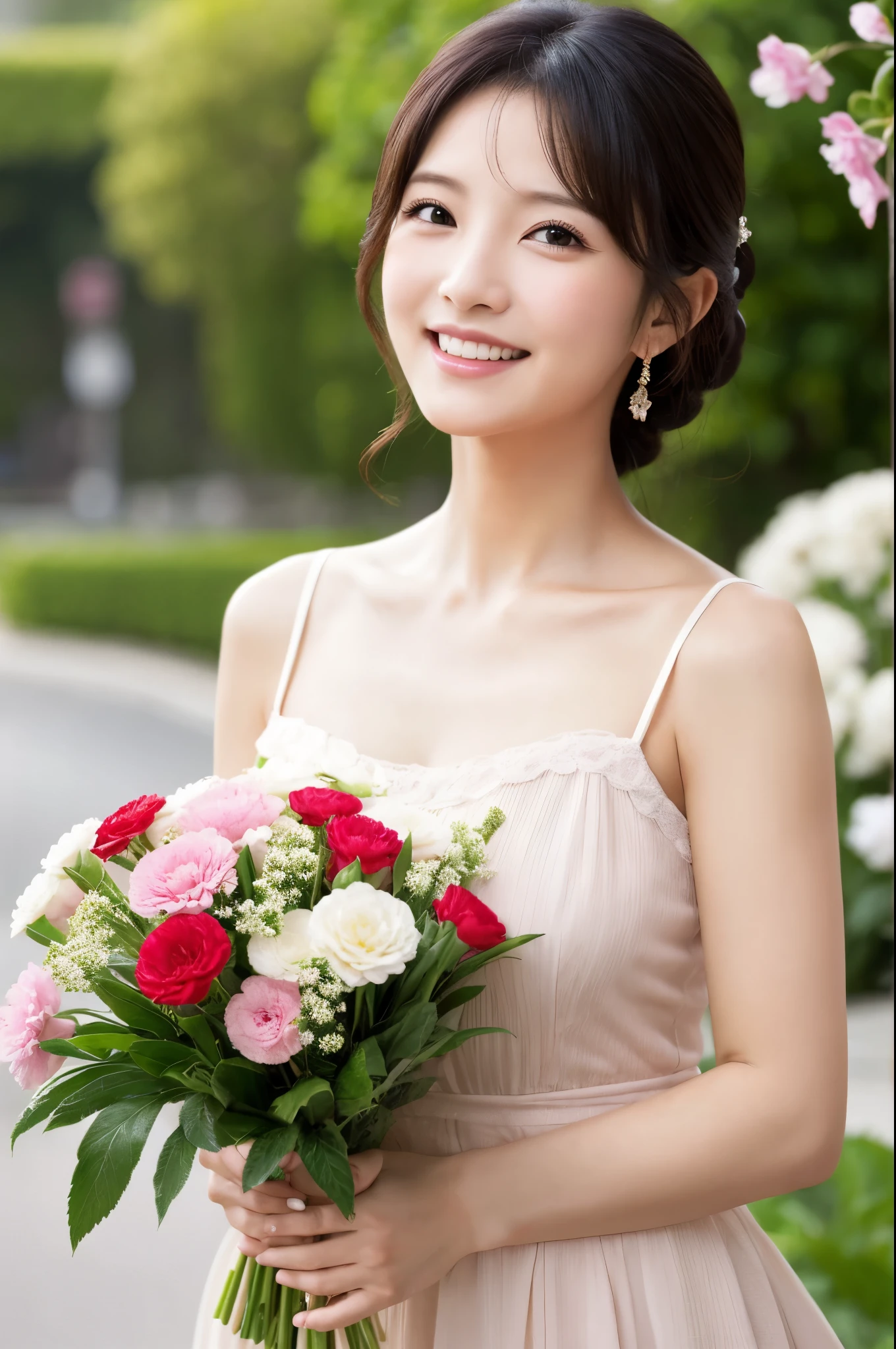When she was young, she was very cute like an idol.、She is now 50 years old and a very beautiful woman.、Smiling Kindly、Cleavage、Mother’s Day、Bouquet of carnations、Natural light、Accurate、Anatomically correct、Textured skin、Super Detail、 Attention to detail、highest quality、High resolution、Real、realism、Raw photo、Genuine、masterpiece