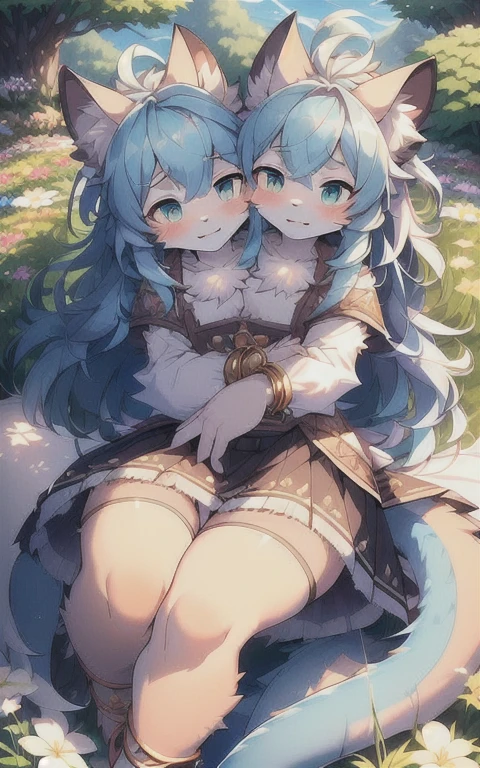 Niji, (1 boy:1.4), (JW3), Cat Boy, (hairy:1.5), Light blue fur, Body hair, (Thick thighs:0.5), (whole body:1.1), Perfect lighting, (masterpiece), (ultra deTailed), Eye contact, blush, Long hair,White clothes,Looking at the audience, Solitary,Pants, Tail, Long skirt,Flower Anklet,outdoor, outdoor,The Peak, Ultra HD,rest, (((conjoined_dicephalus))), (((two_heads)))