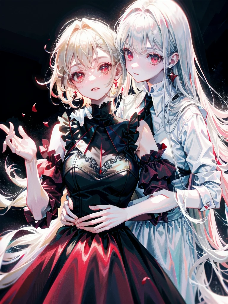 whole body, Gothic red dress, (vampire teeth), (castle), absurdres, RAW photo, extremely delicate and beautiful, masterpiece, Best Quality, ultra high resolution, 32k, hyperrealistic, ultra-detailed, detailed description, pale skin, 20 years old, detailed beautiful face and eyes, tearful mole, earring, Colossal tits, short medium hair, wavy hair,