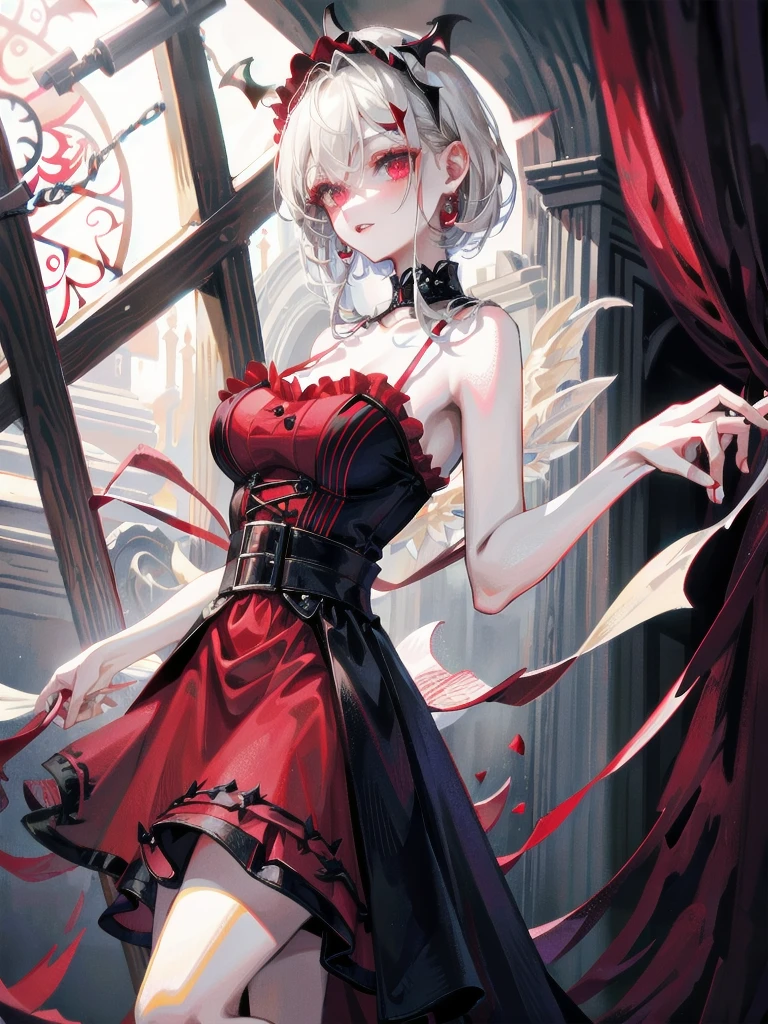 whole body, Gothic red dress, (vampire teeth), (castle), absurdres, RAW photo, extremely delicate and beautiful, masterpiece, Best Quality, ultra high resolution, 32k, hyperrealistic, ultra-detailed, detailed description, pale skin, 20 years old, detailed beautiful face and eyes, tearful mole, earring, Colossal tits, short medium hair, wavy hair,