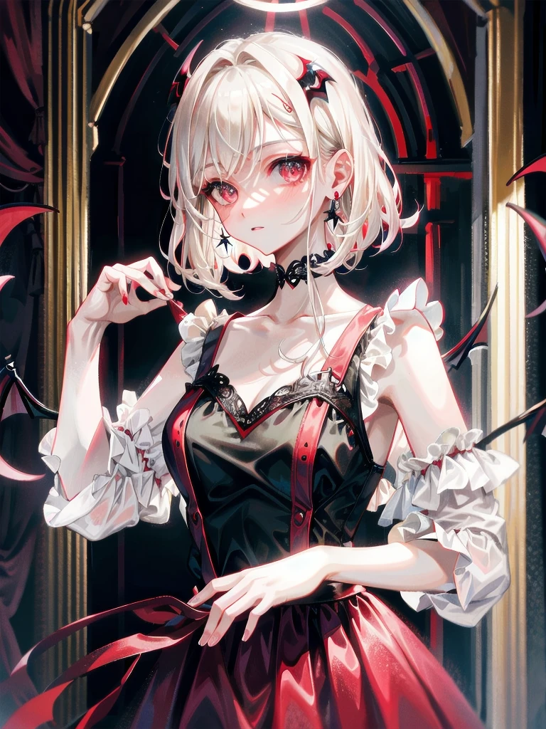 whole body, Gothic red dress, (vampire teeth), (castle), absurdres, RAW photo, extremely delicate and beautiful, masterpiece, Best Quality, ultra high resolution, 32k, hyperrealistic, ultra-detailed, detailed description, pale skin, 20 years old, detailed beautiful face and eyes, tearful mole, earring, Colossal tits, short medium hair, wavy hair,