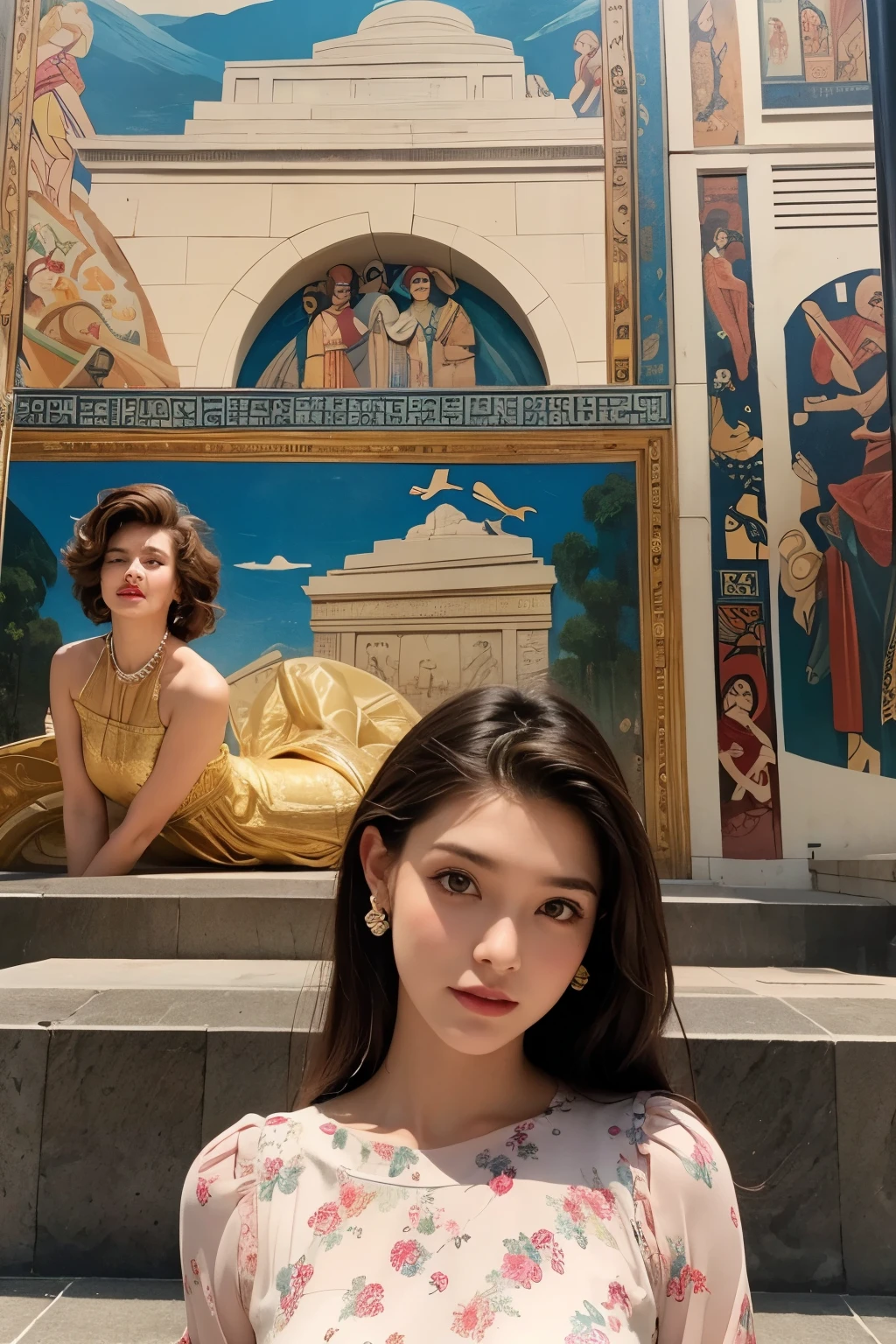 A beautiful woman wearing a 90s retro dress in front of a tomb mural., model pose, (Highly detailed facial expressions), 