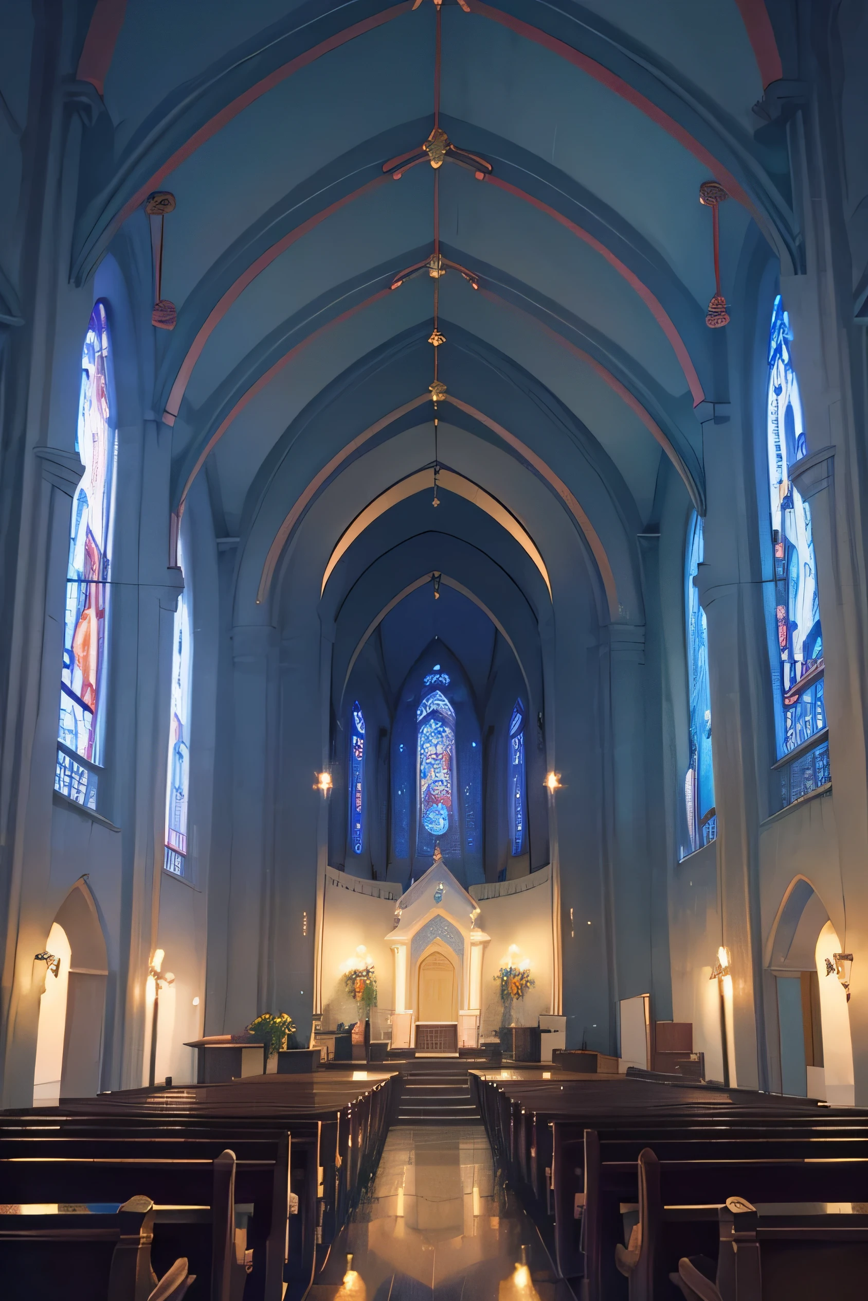 masterpiece, highest quality, so beautiful、Latest、 Church at night、Retro Stained Glass、Rainy night