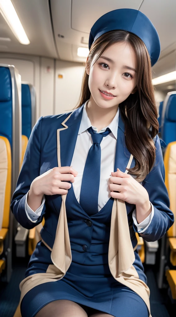 (8K, best quality, masterpiece:1.2), (realistic, photo-realistic:1.37), (high color saturation:1.0), (highly detailed skin), (highest quality:1.0), (ultra high resolution:1.0) ,(realistic:1.0), (Super detailed:1.0), (8K, Raw photo:1.1)、standing random pose, smiling, natural breast, perfect lighting, 3girls, 24years old, (mysterious), clear and detailed, ((ANA_Cabin Crew, blue flight attendant_uniform)), beige pantyhose, (aircraft, aircraft seats), cute face, squat , (pick up handkerchief),