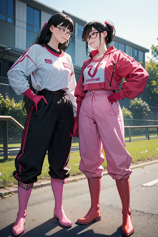 A pair of high school girls with glasses and black hair tied up in red long sleeves and long pants gym clothes wearing pink long rubber gloves and white rubber boots picking up trash on the riverbank while smiling gently