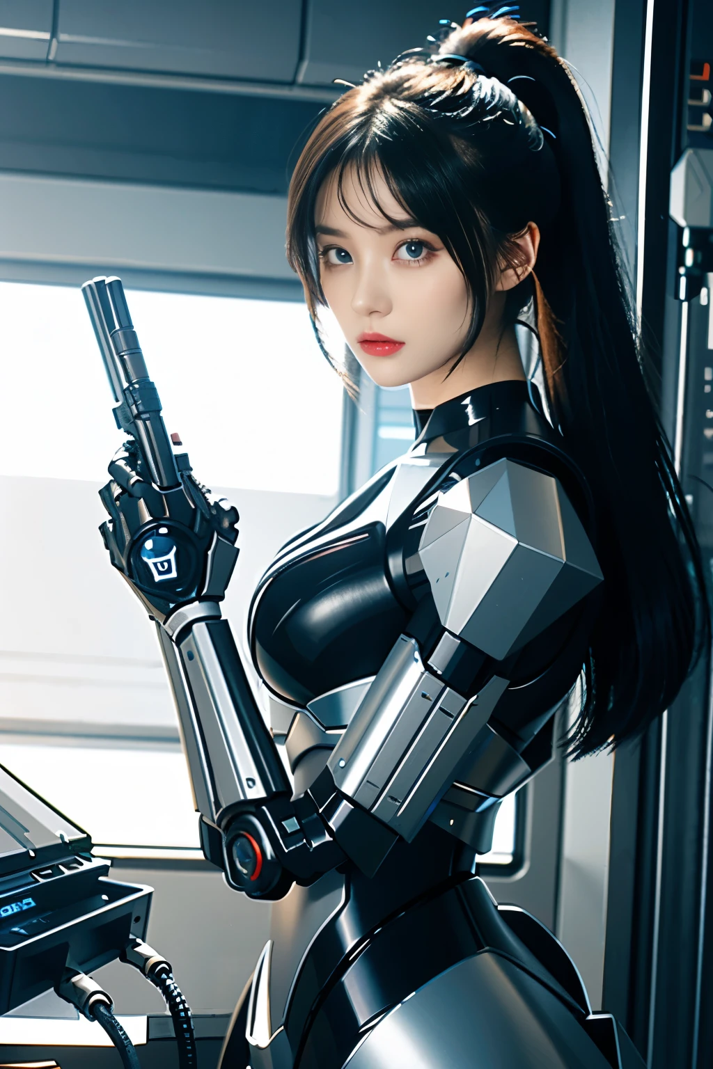 (masterpiece)、(top quality、high quality、top resolution、high resolution)、extreme elaboration、(solo)、(Science fiction、cyber punk:1.3)、Beautiful robot woman、(Robot Police:1.2)、(Beautiful robot:1.4)、Android、Cool Beauty、(almond-shaped eyes、shaped eyes)、(big eyes:1.2)、(big iris:1.3)、Curvaceous face、(Very well balanced face)、Well-proportioned face、Wide lips、Glossy Mouth、Arched eyebrows、(Robot Joints:1.3)、(Robot futuristic armor)、(body made of machine:1.3)、(Futuristic Mechanical Battle Suit:1.3)、(Robot structure:1.3)、(Mechanical Finger:1.4)、Mechanical gloves、(Shock absorber frame:1.3)、(Electronic substrate、Machinery Parts:1.3)、(Damper and power cord neck:1.3)、Robot Limbs、(Power cord:1.3)、(robot maintenance:1.3)、((Robot Scrap))、Straight Hair、(Cowboy Shot:1.4)、(Junkyard:1.3)、 sunlight、rim light、shine
