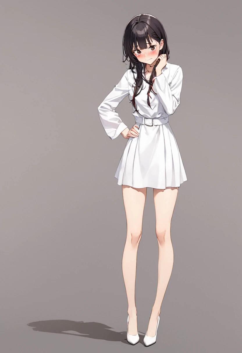 Uta, white dress, embarrassed, long legs