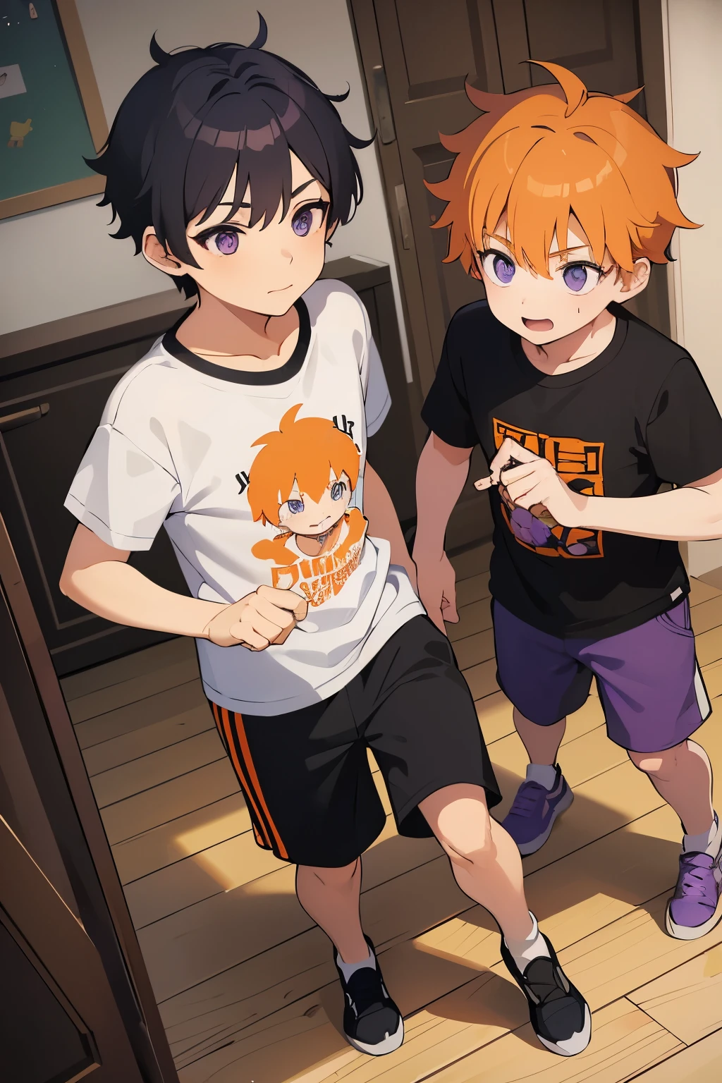 1boy with orange hair and purple eyes, and another boy with black hair and purple eyes, small children, small kids, small boys playing around, brothers playing, brothers playing tag, wholesome kids, innocent, art, wearing tshirt white, 2 boys, orange haired little brother, black haired big brother, children, cute