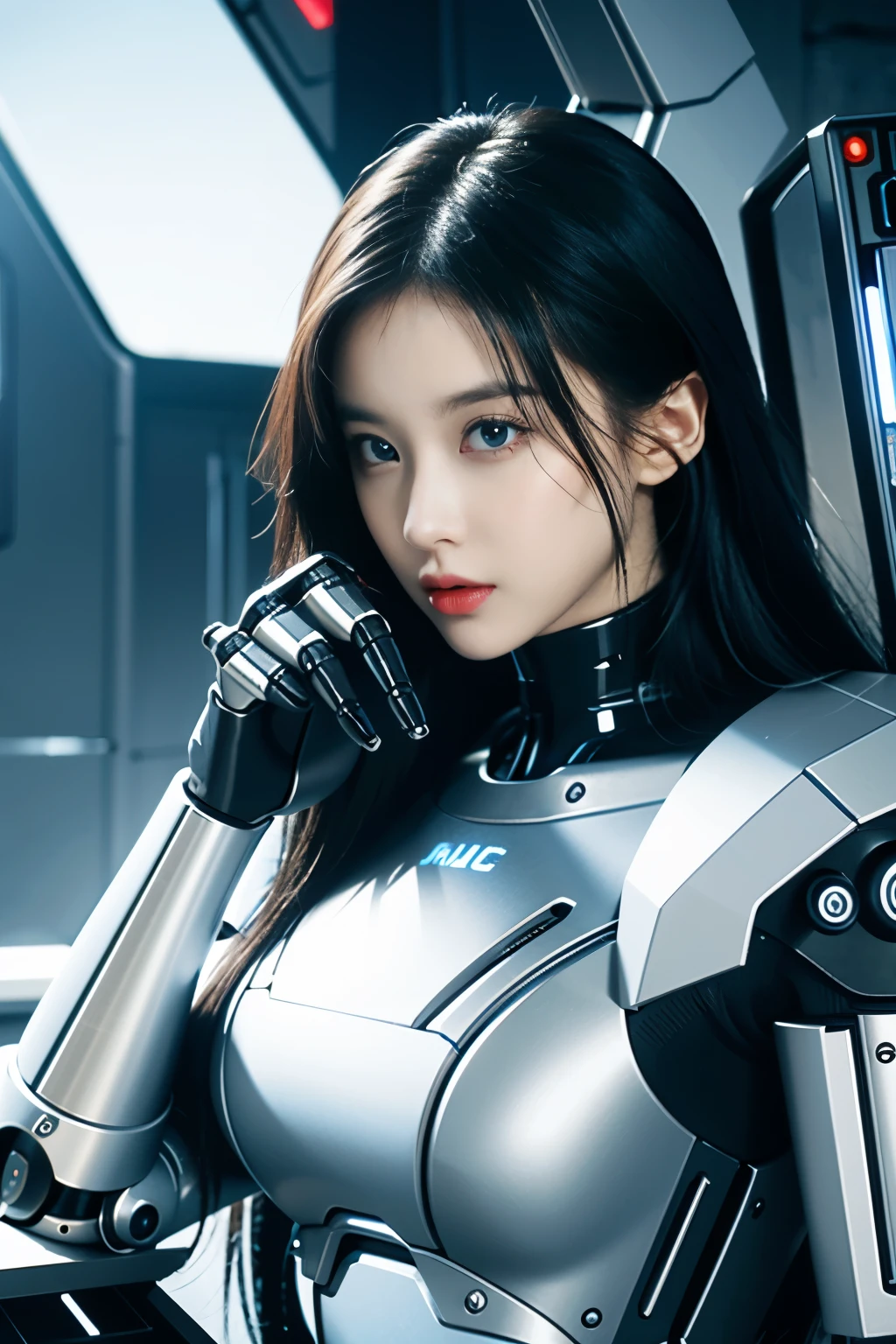 (masterpiece)、(top quality、high quality、top resolution、high resolution)、extreme elaboration、(solo)、(Science fiction、cyber punk:1.3)、Beautiful robot woman、(Robot Police:1.2)、(Beautiful robot:1.4)、Android、Cool Beauty、(almond-shaped eyes、shaped eyes)、(big eyes:1.2)、(big iris:1.3)、Curvaceous face、(Very well balanced face)、Well-proportioned face、Wide lips、Glossy Mouth、Arched eyebrows、(Robot Joints:1.3)、(Robot futuristic armor)、(body made of machine:1.3)、(Futuristic Mechanical Battle Suit:1.3)、(Robot structure:1.3)、(Mechanical Finger:1.4)、Mechanical gloves、(Shock absorber frame:1.3)、(Electronic substrate、Machinery Parts:1.3)、(Damper and power cord neck:1.3)、Robot Limbs、(Power cord:1.3)、(robot maintenance:1.3)、((Robot Scrap))、Straight Hair、(Cowboy Shot:1.4)、(Junkyard:1.3)、 sunlight、rim light、shine