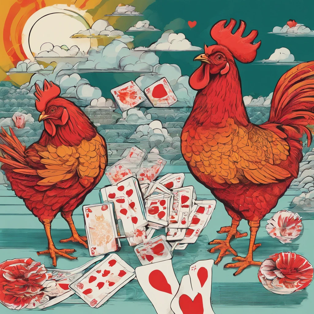 Chickens with cigarettes in their mouths and playing cards in their hands