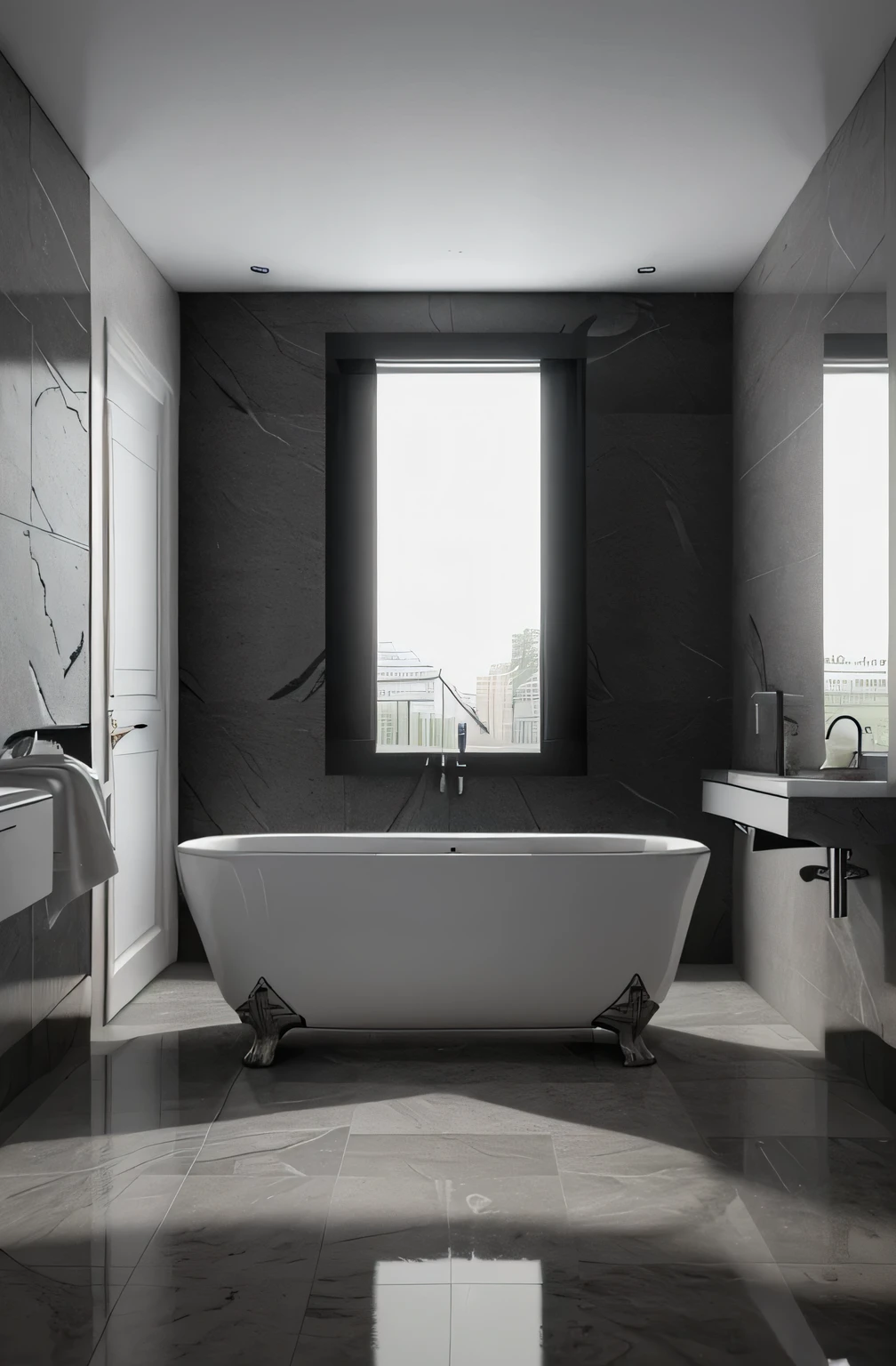 Professional 3d architecture rendering design of modern and French design for bathroom with white bathtub and toilet and black slab stone 