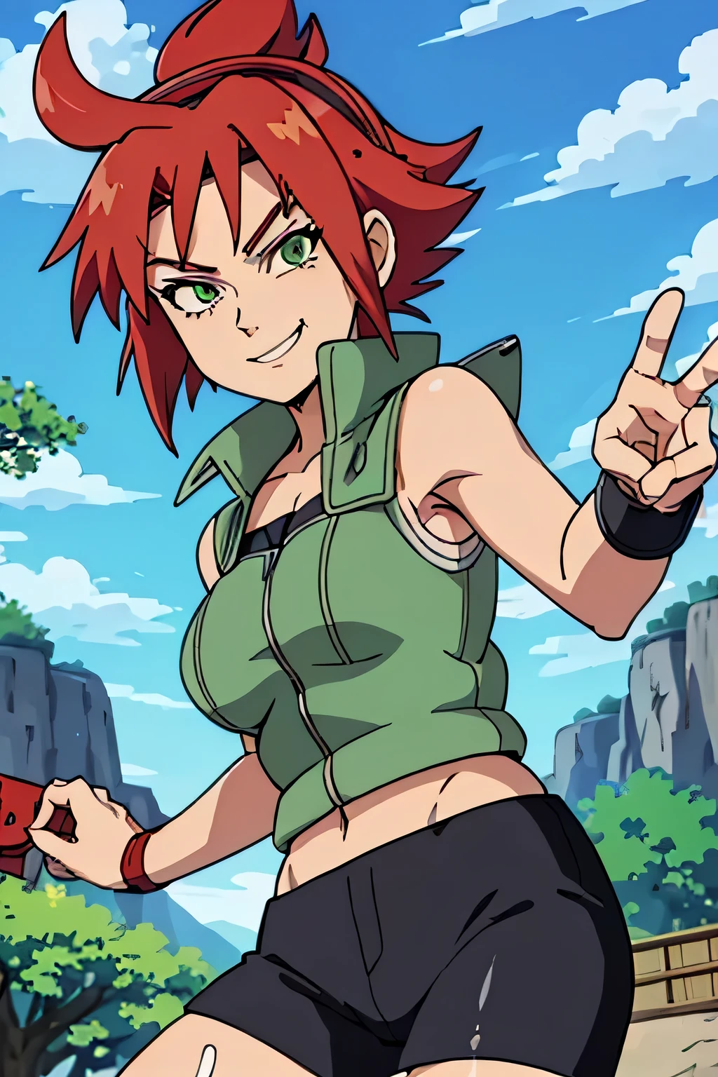 masterpiece, best quality, green vest, white shirt, black pants, cowboy shot, large breasts, looking at viewer, holding kunai, holding, Kunai, smile, forest, sky, clouds dynamic pose, smug smile, smug look, red hair, green eyes, normal hands, normal eyes, defined curves, self-assured, Konoha leaf headband on left arm, Leaf village headband, Konoha headband, leaf village vest, blood red hair, short hair, pixie hair, thick thighs, combat pose 