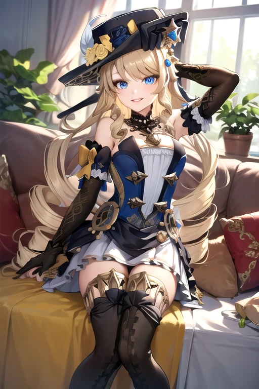 (masterpiece, best quality, detailed), 1girl, solo, blue eyes, drill hair, bangs, looking at viewer, long hair, dress, hat, hat flower, hat feather, jewelry, flower, gloves, detached sleeves, elbow gloves, hat feather, thighhighs, thigh boots,
indoors, couch, pillow, window, curtains, potted plant, dutch angle, on back, arms behind head, smile, parted lips