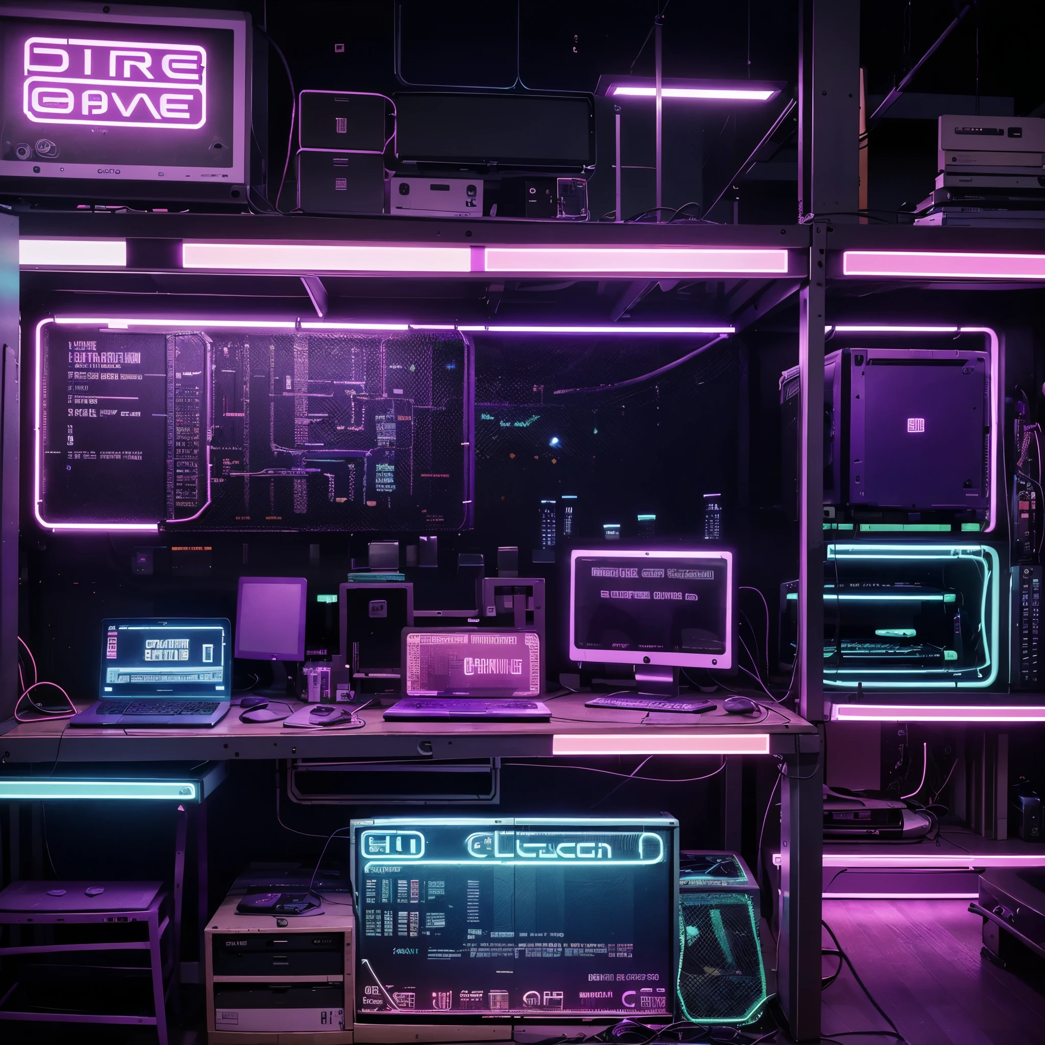 Generate an image of a bustling computer repair table (only one table, horizontal close view, organized), (purple color palette, neon lights), with tools. With computer components visible on the table and screens displaying diagnostic data or repair instructions (show close of the table very very close).