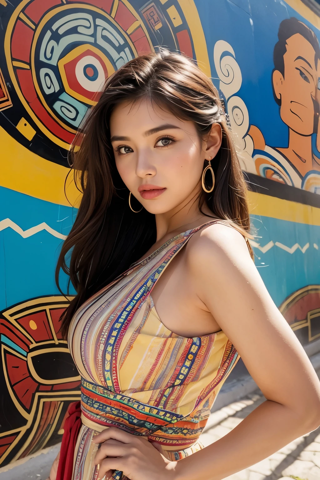A beautiful woman wearing a 90s retro dress in front of a Mayan mural., model pose, (Highly detailed facial expressions),