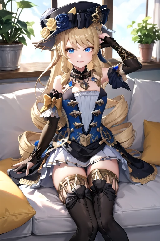 (masterpiece, best quality, detailed), 1girl, solo, blue eyes, drill hair, bangs, looking at viewer, long hair, dress, hat, hat flower, hat feather, jewelry, flower, gloves, detached sleeves, elbow gloves, hat feather, thighhighs, thigh boots,
indoors, couch, pillow, window, curtains, potted plant, dutch angle, on back, arms behind head, smile, parted lips