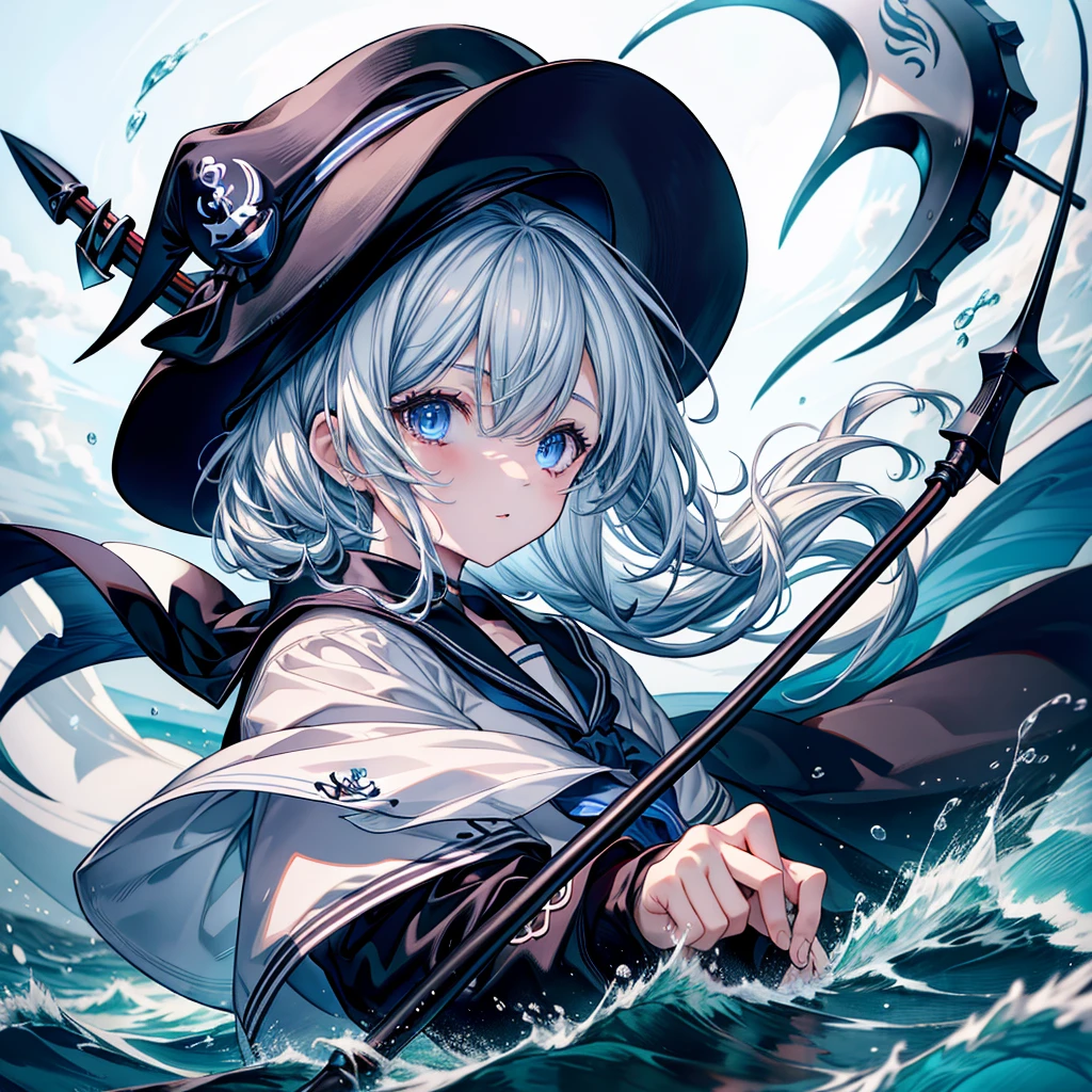 highest quality、Masterpiece、Official Art、The best composition、Wind、deep focus,absurdres、detailed eyes and face、minaba hideo、
Grim Reaper's Scythe、White and blue sailor uniform、Sailor hat、anchor、⚓⚓