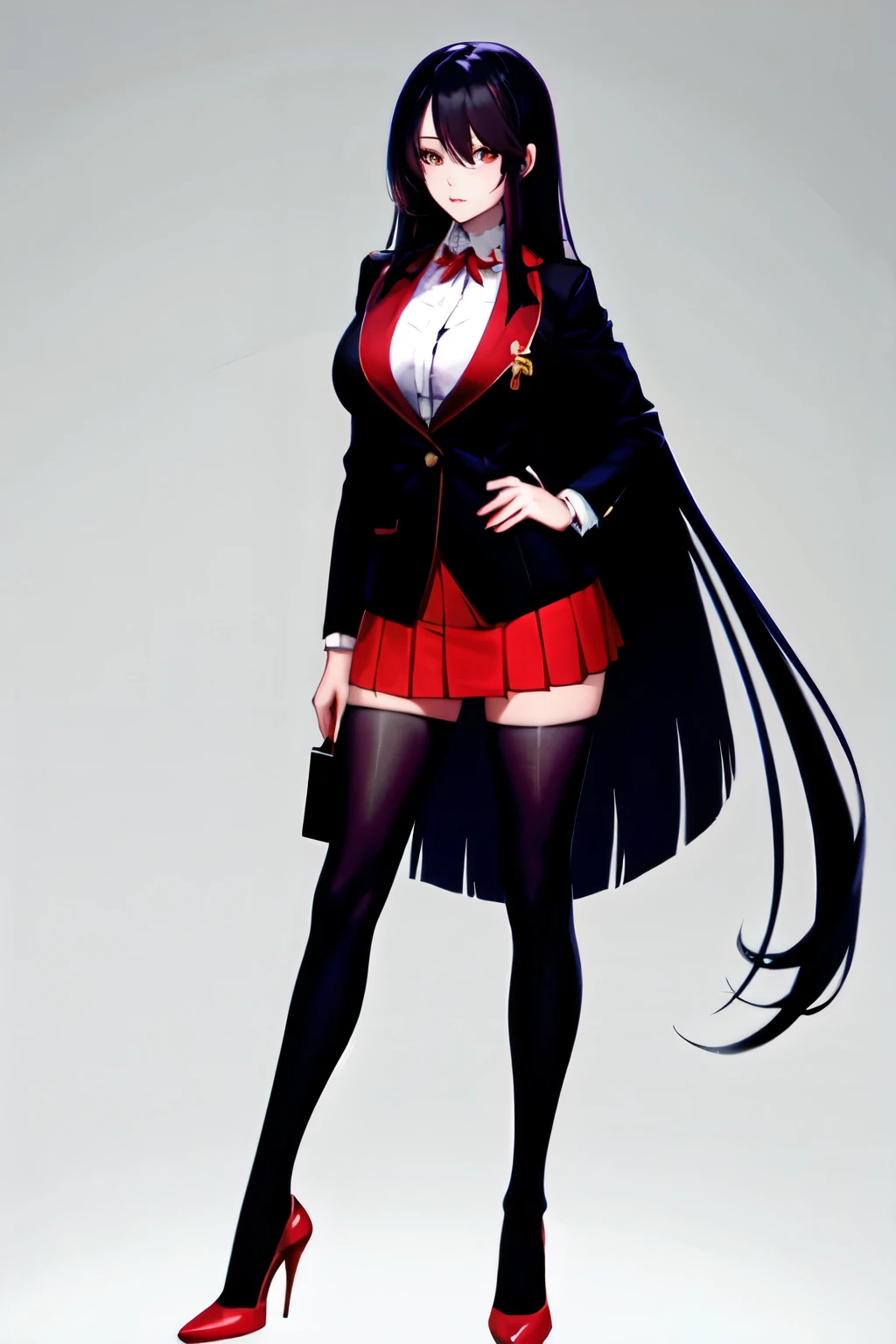 tall Black Hair Straight Long Hair Slanted Eyes Big Breasts black tights mini skirt whole body blazer Inner color red Black high heels front Character portrait Are standing Mature