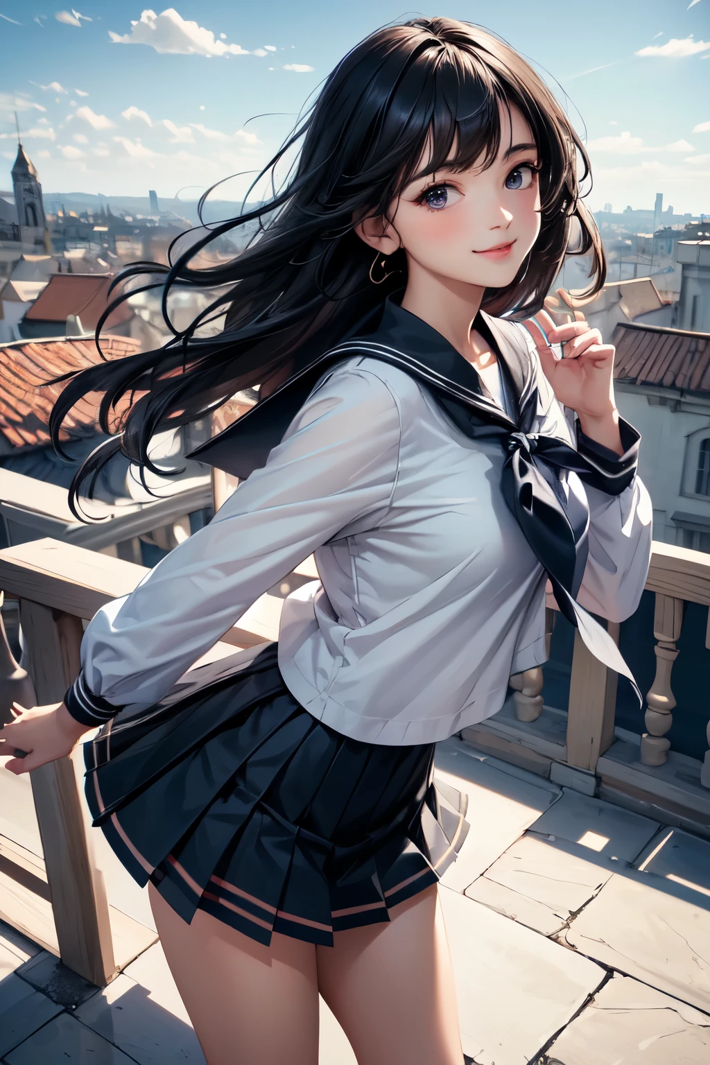very cute and beautiful girl,teen,(highly detailed beautiful face and eyes),
(smile:1.2),black hair,(sailor ,pleated navy blue mini skirt),dynamic pose,looking at viewer,
many european houses with red roof,(town overview:1.2),
(best quality,masterpiece),absurdres,highres,ultra-detailed,extremely detailed,32k,8k resolution,
intricate details,cinematic scene,detailed background,solo,dynamic angle,
hair fluttering in the wind,beautiful detailed sky,