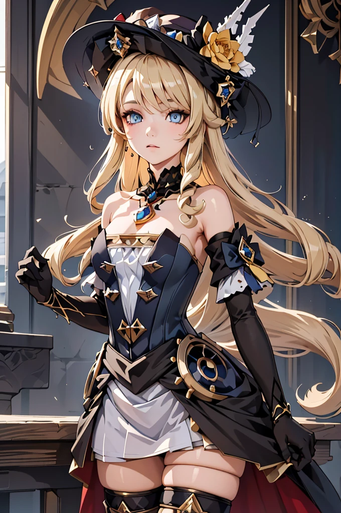 (masterpiece, best quality), 1girl,  navia,long hair,blonde hair,hat, witch hat,blue eyes,dress,bangs,black headwear,gloves,bare shoulders,flower,jewelry,thighhighs,black gloves,drill hair,detached sleeves,