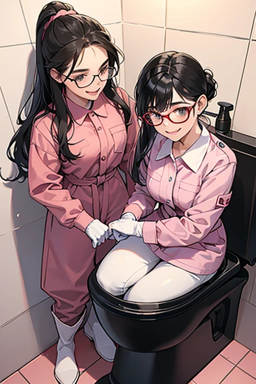 A pair of high school girls with glasses and black hair tied up in red long sleeves and long pants are cleaning the toilet, wearing pink long rubber gloves and white rubber boots and smiling gently.