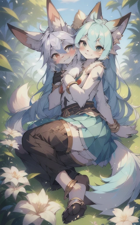 Niji, (1 boy:1.4), (JW3), Bunny Boy, (hairy:1.5), Light blue fur, Body hair, (Thick thighs:0.5), (whole body:1.1), Perfect lighting, (masterpiece), (ultra deTailed), Eye contact, blush, Long hair,White clothes,Looking at the audience, Solitary,Pants, Tail, Long skirt,Flower Anklet,outdoor, outdoor,The Peak, Ultra HD,rest, (((three_heads)))