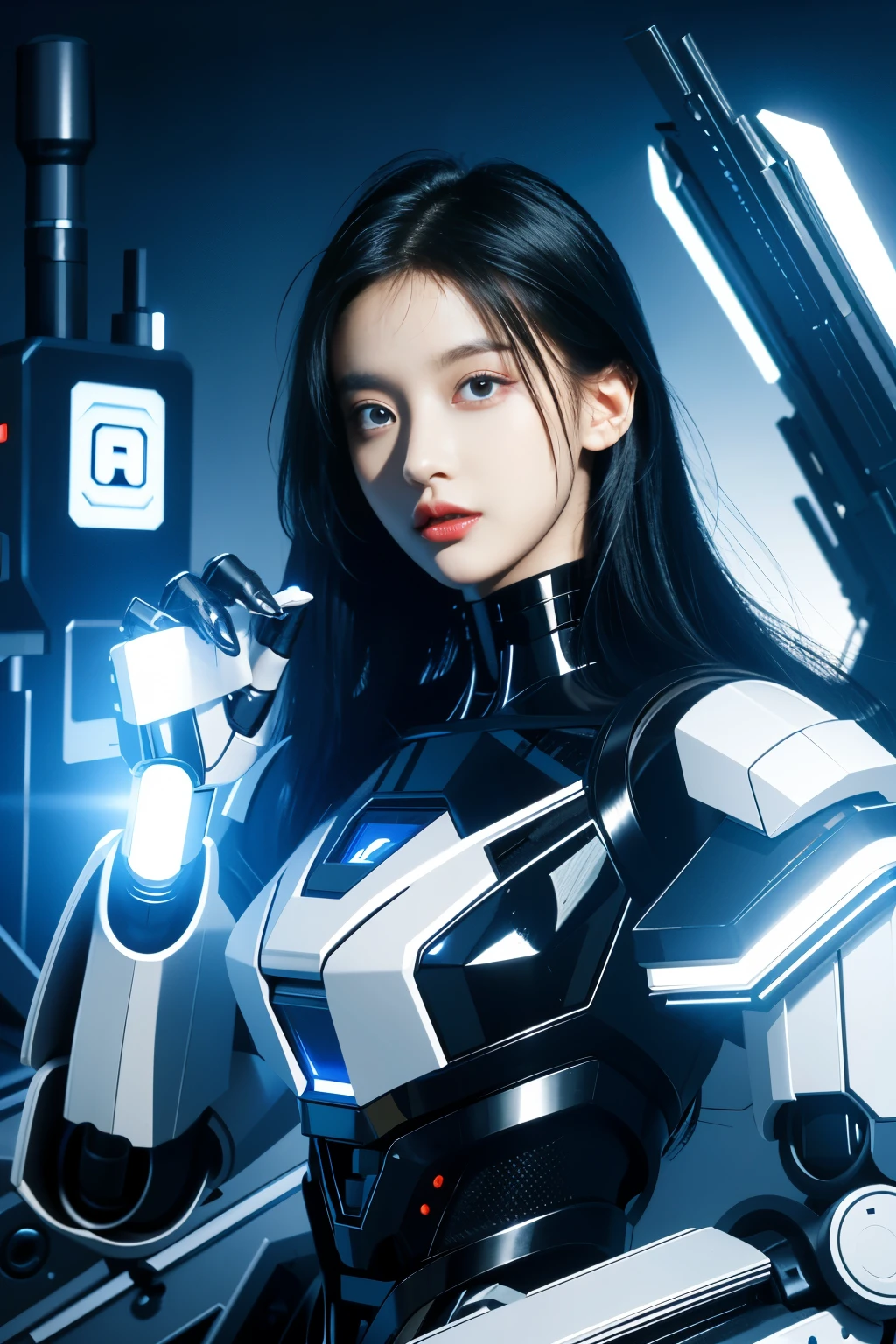 (masterpiece)、(top quality、high quality、top resolution、high resolution)、extreme elaboration、(solo)、(Science fiction、cyber punk:1.3)、Beautiful robot woman、(Robot Police:1.2)、(Beautiful robot:1.4)、Android、Cool Beauty、(almond-shaped eyes、shaped eyes)、(big eyes:1.2)、(big iris:1.3)、Curvaceous face、(Very well balanced face)、Well-proportioned face、Wide lips、Glossy Mouth、Parallel eyebrows、(Robot Joints:1.3)、(Robot futuristic armor)、(body made of machine:1.3)、(Futuristic Mechanical Battle Suit:1.3)、(Robot structure:1.3)、(Mechanical Finger:1.4)、Mechanical gloves、(Shock absorber frame:1.3)、(Electronic substrate、Machinery Parts:1.3)、(Damper and power cord neck:1.3)、Robot Limbs、(Power cord:1.3)、(robot maintenance:1.3)、((Robot Scrap))、Straight Hair、(Cowboy Shot:1.4)、(Junkyard:1.3)、 sunlight、rim light、shine