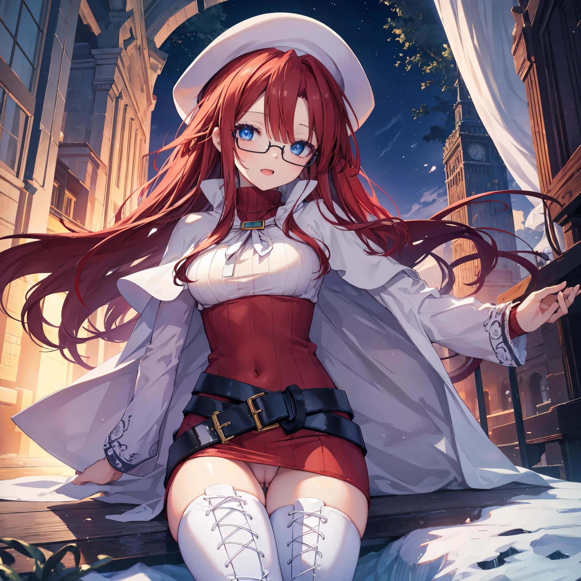nsfw,summonnightaty, aty, (young:1.3),long hair, blue eyes, red hair, beret, hat, glasses,
BREAK long hair, thighhighs, hat, dress, boots, glasses, belt, cape, sweater, zettai ryouiki, beret, thigh boots, white footwear, ribbed sweater, loose belt,solo,
BREAK outdoors, fantasy,on_a_ship,
BREAK (masterpiece:1.2), best quality, high resolution, unity 8k wallpaper, (illustration:0.8), (beautiful detailed eyes:1.6), extremely detailed face, perfect lighting, extremely detailed CG, (perfect hands, perfect anatomy),covered_nipples,covered_navel,light_smile ,(half_eyes:1.4),sword,armpit,sleepy,dynamic_sitting,barrel,red_sweater,apart_legs,magical_effect,focus_breasts,spread_legs,black_panties,light_open_mouth,