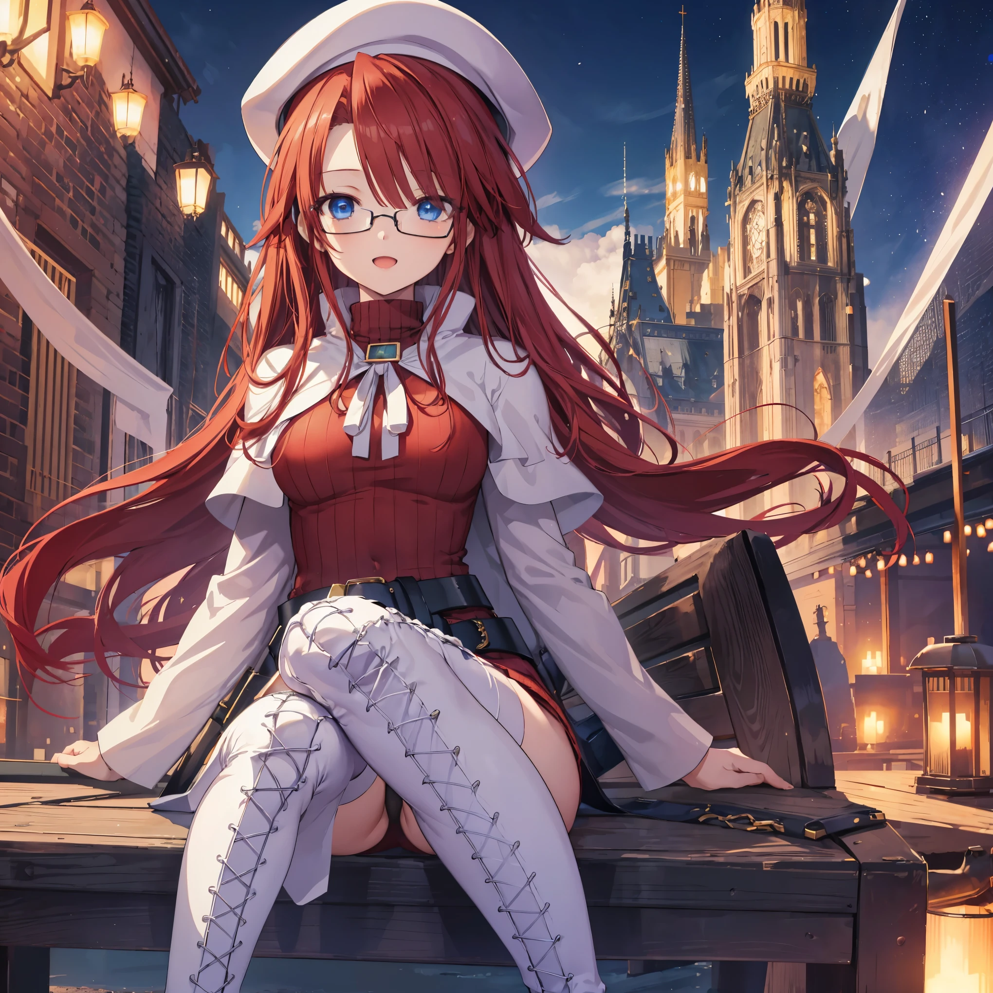 nsfw,summonnightaty, aty, (young:1.3),long hair, blue eyes, red hair, beret, hat, glasses,
BREAK long hair, thighhighs, hat, dress, boots, glasses, belt, cape, sweater, zettai ryouiki, beret, thigh boots, white footwear, ribbed sweater, loose belt,solo,
BREAK outdoors, fantasy,on_a_ship,
BREAK (masterpiece:1.2), best quality, high resolution, unity 8k wallpaper, (illustration:0.8), (beautiful detailed eyes:1.6), extremely detailed face, perfect lighting, extremely detailed CG, (perfect hands, perfect anatomy),covered_nipples,covered_navel,light_smile ,(half_eyes:1.4),sword,armpit,sleepy,dynamic_sitting,barrel,red_sweater,apart_legs,magical_effect,focus_breasts,spread_legs,black_panties,light_open_mouth,