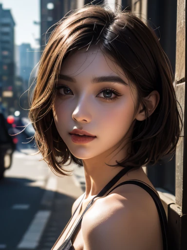 beautiful girl, bust, Bright red messy short hair, black eye shadow, (street style wear:1.2), (city background:1.2), dark makeup, The art of math, Popular topics on Artstation, highly detailed, fine details, complex,  beautiful detailed glow, detailed, Light, high resolution, detailed facial features,sharp focus, Light slippery, aesthetic,