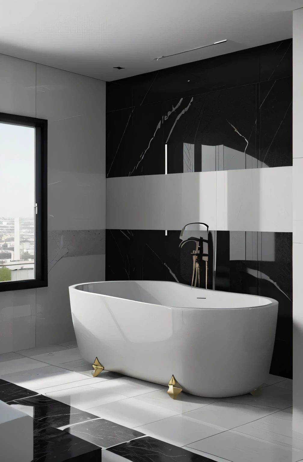Professional 3d architecture rendering design of modern and French design for bathroom with white bathtub and toilet and black slab stone 